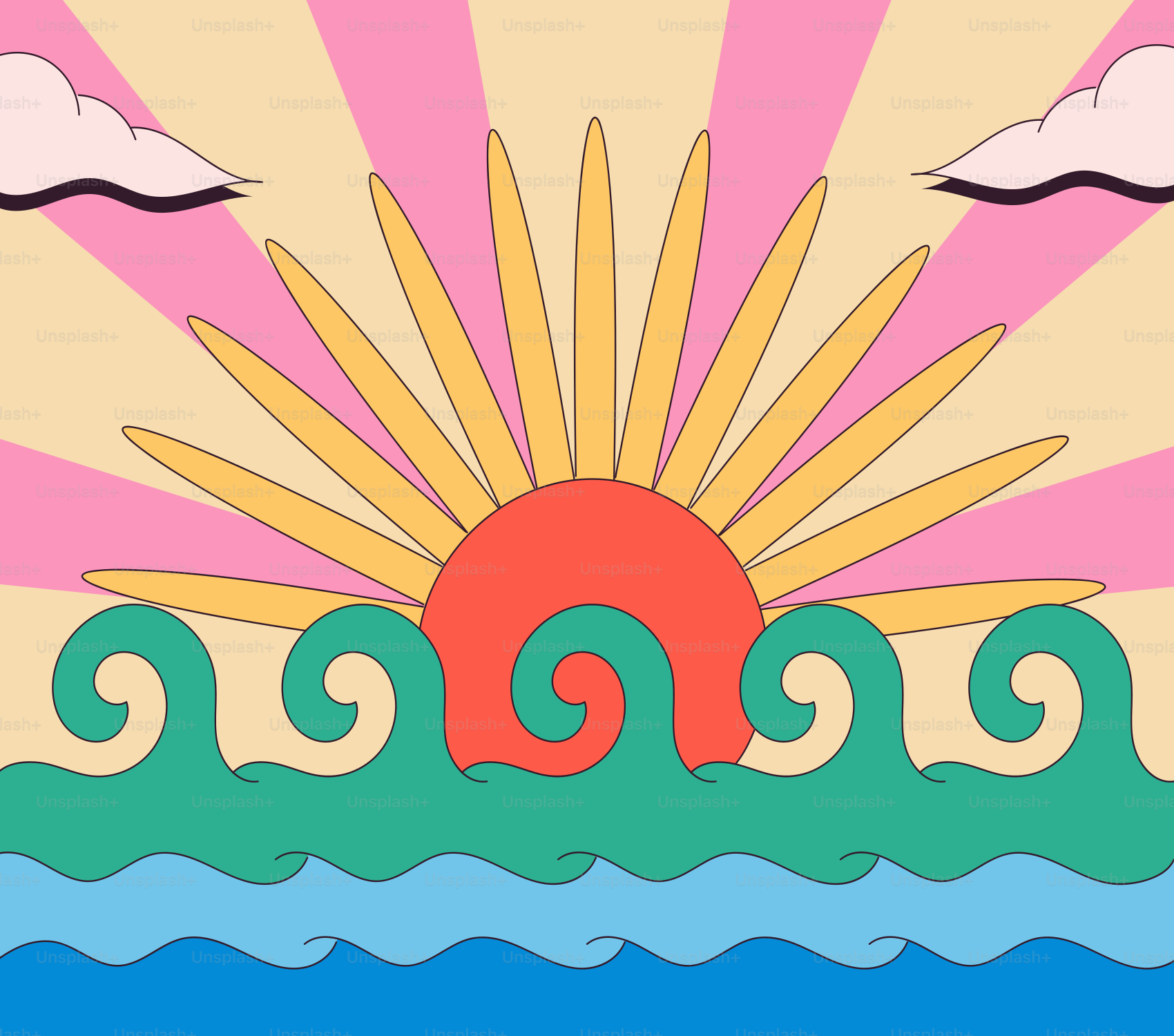 A painting of a sun over a body of water