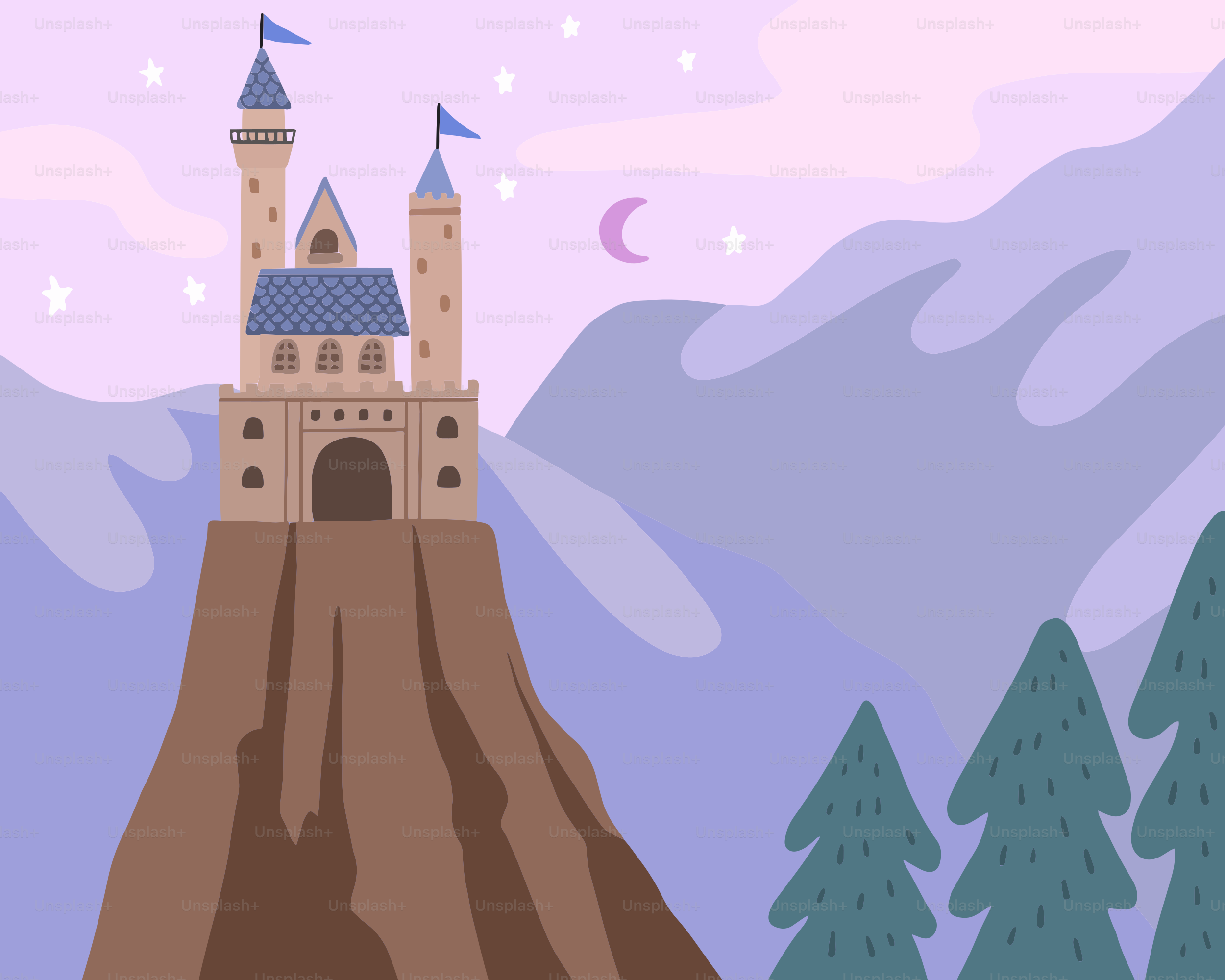 A castle sitting on top of a mountain surrounded by trees