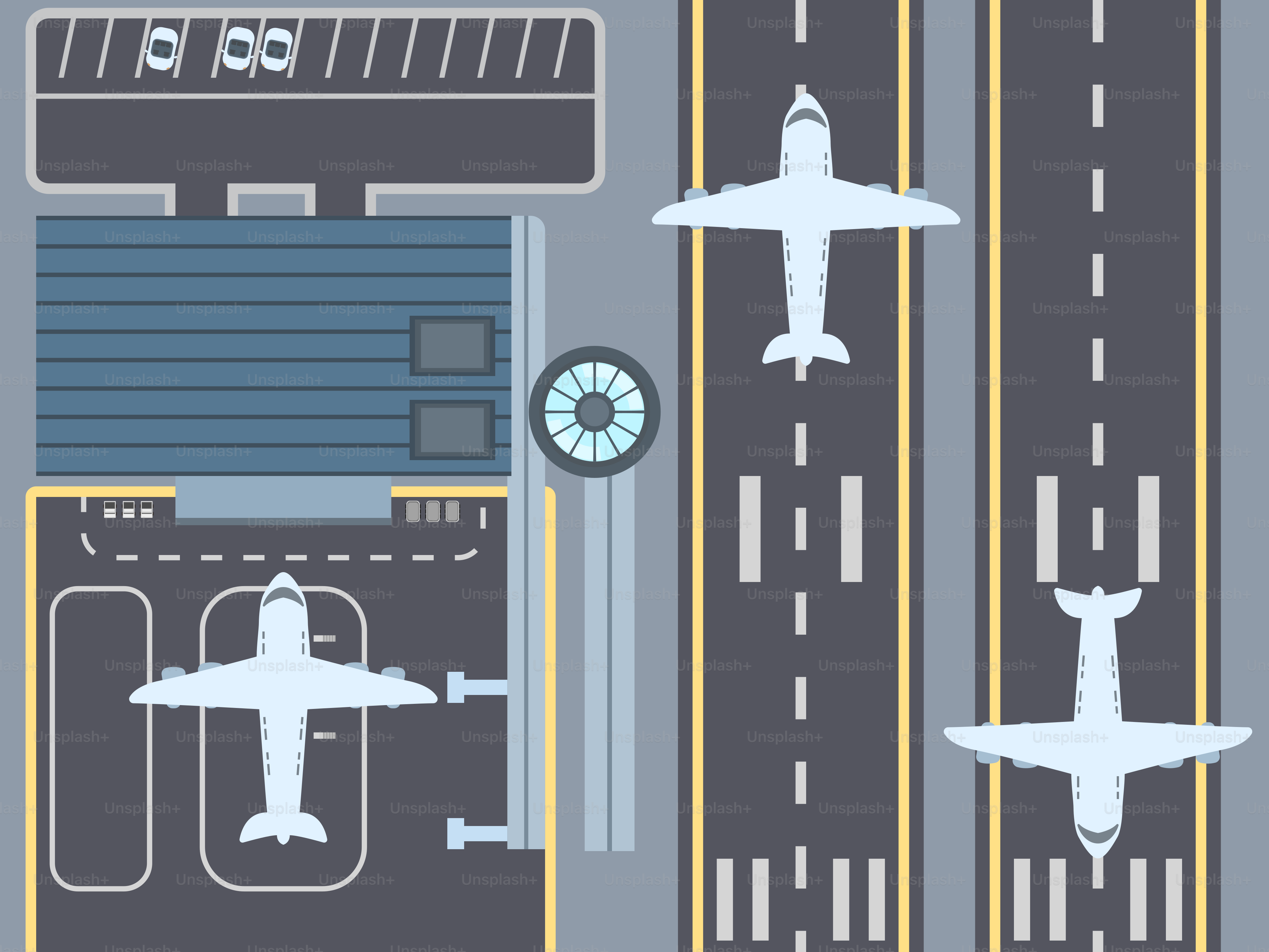 An aerial view of an airport with airplanes