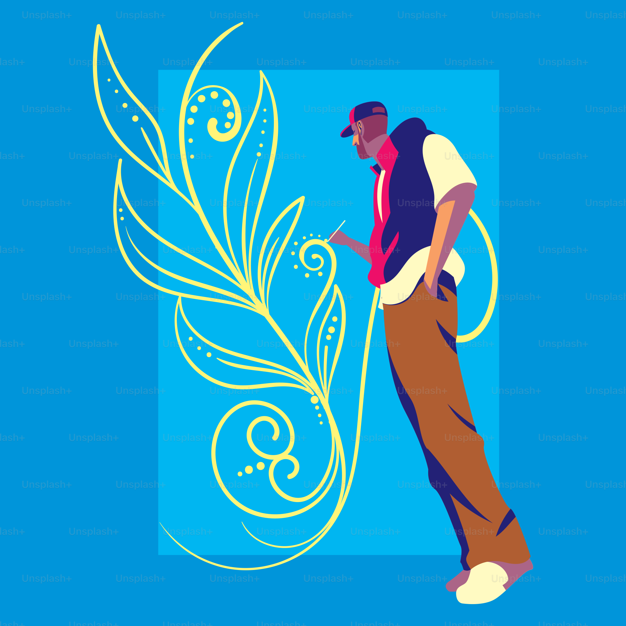 A man standing next to a feather on a blue background