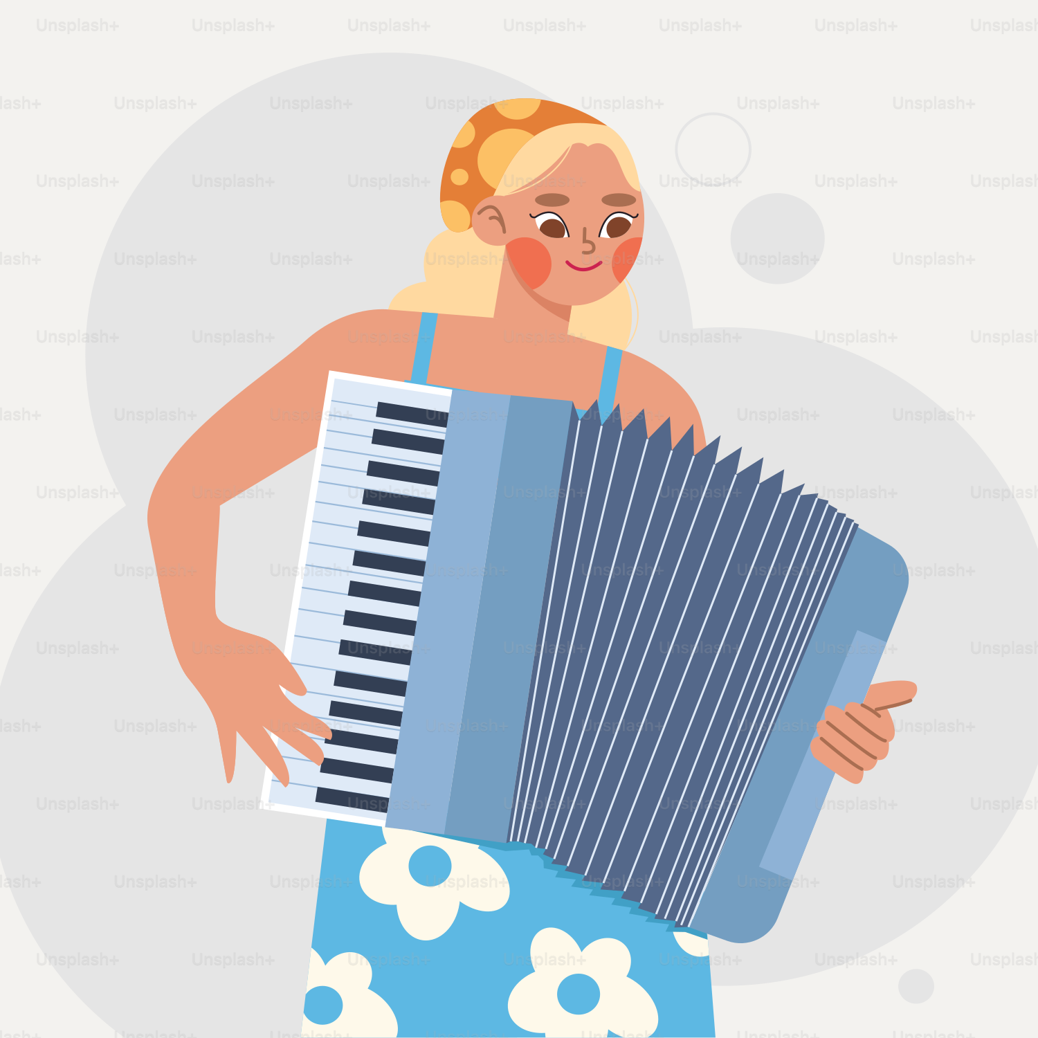 Una donna in un vestito blu che tiene una fisarmonica