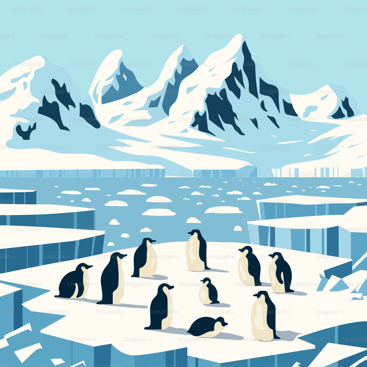 Um grupo de pinguins que está parado na neve