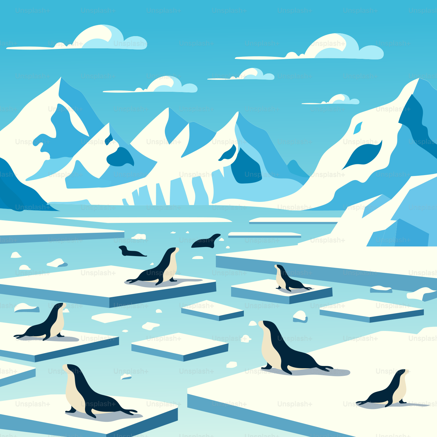 A group of penguins floating on top of a frozen lake