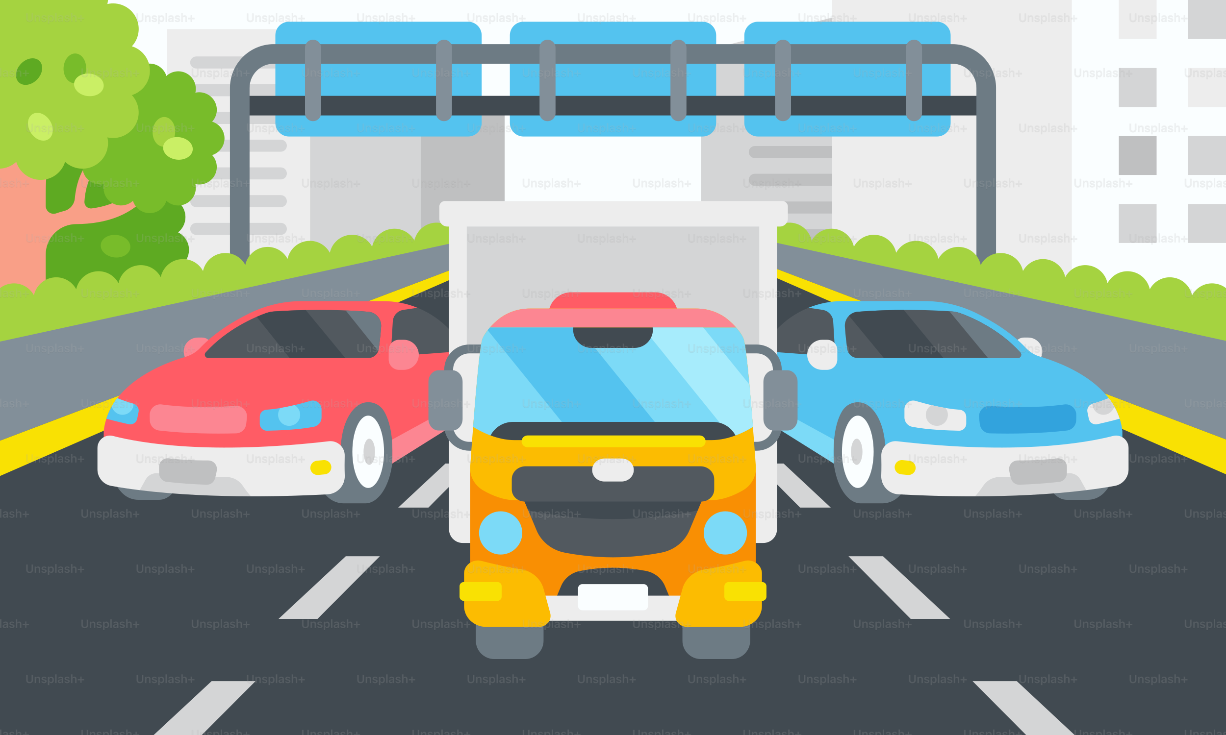 Three cars driving down the road in a traffic jam