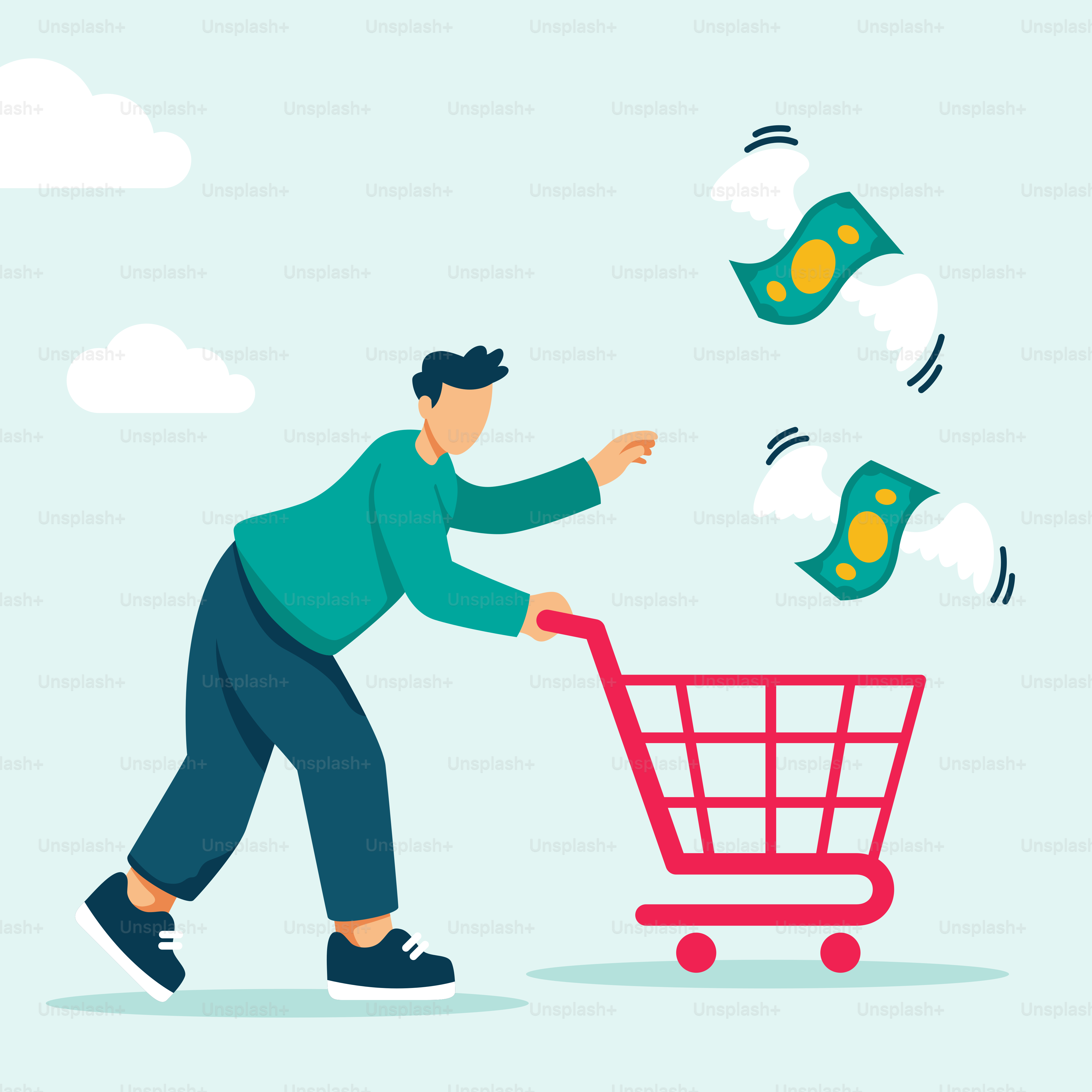 돈이 가득 든 쇼핑 카트를 끄는 남자