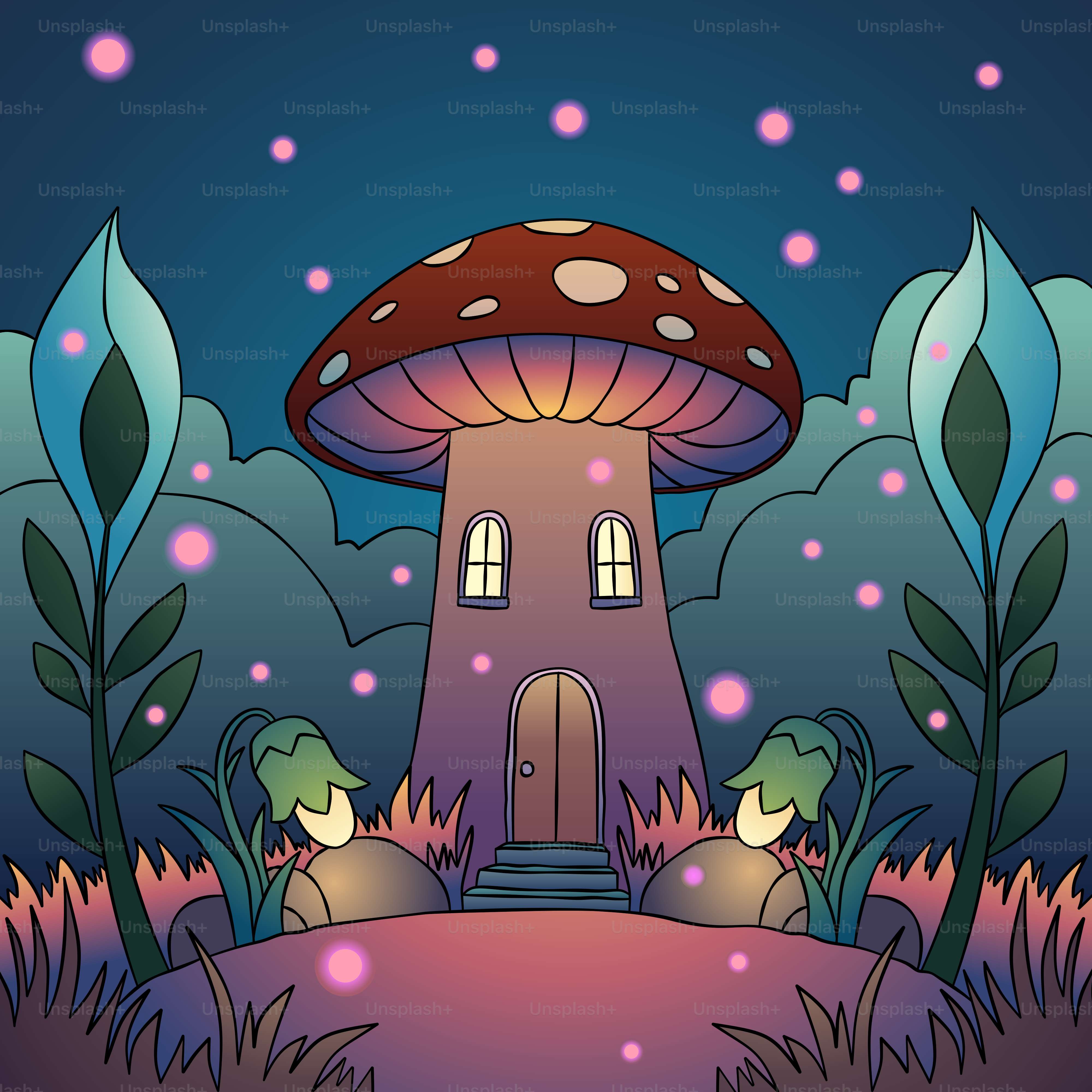 Una casetta a funghi con una bambina alla finestra vettoriale – Immagine di  Illustrazione su Unsplash, image size:3000x3000