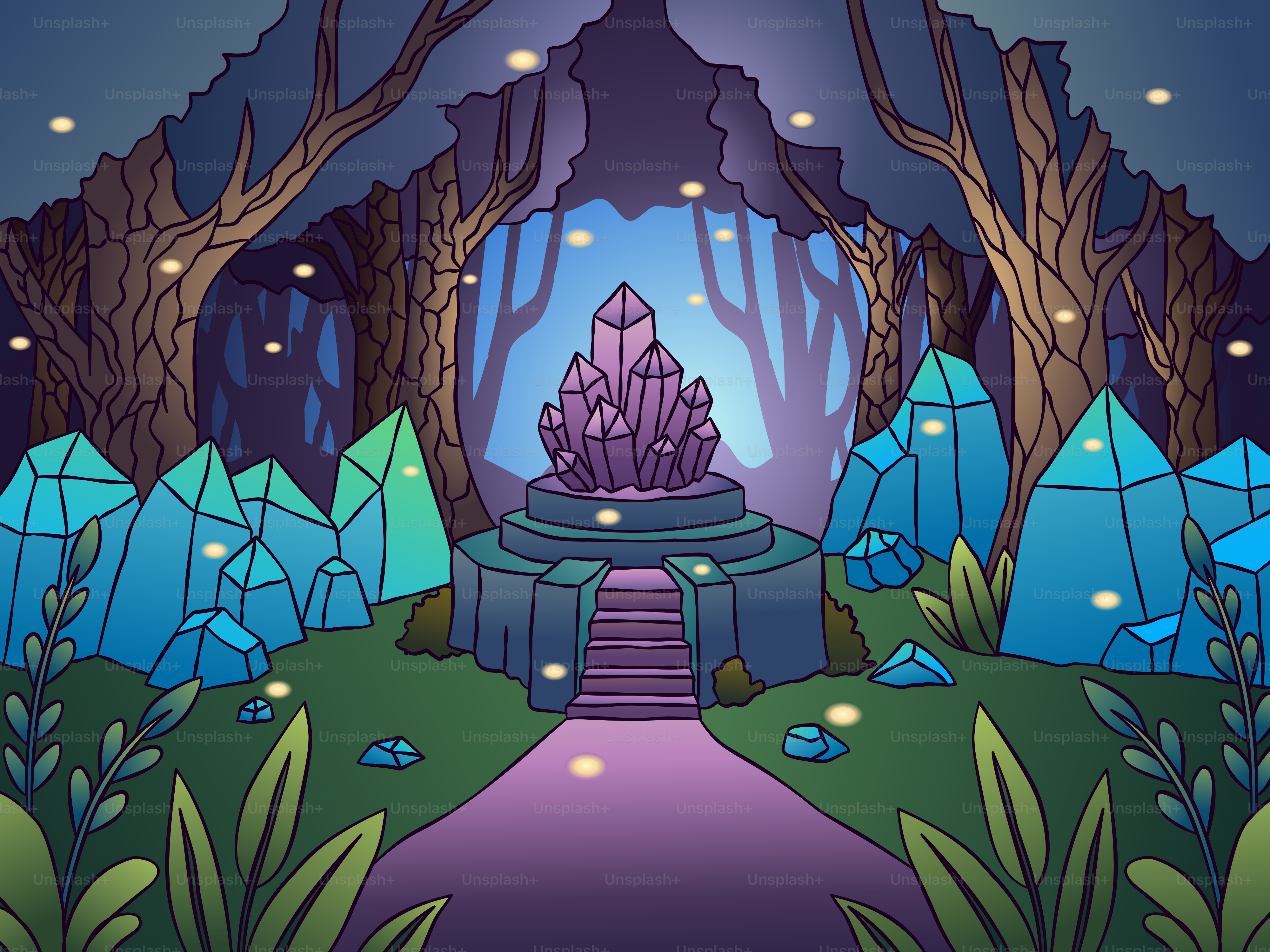 A cartoon picture of a purple castle in the middle of a forest