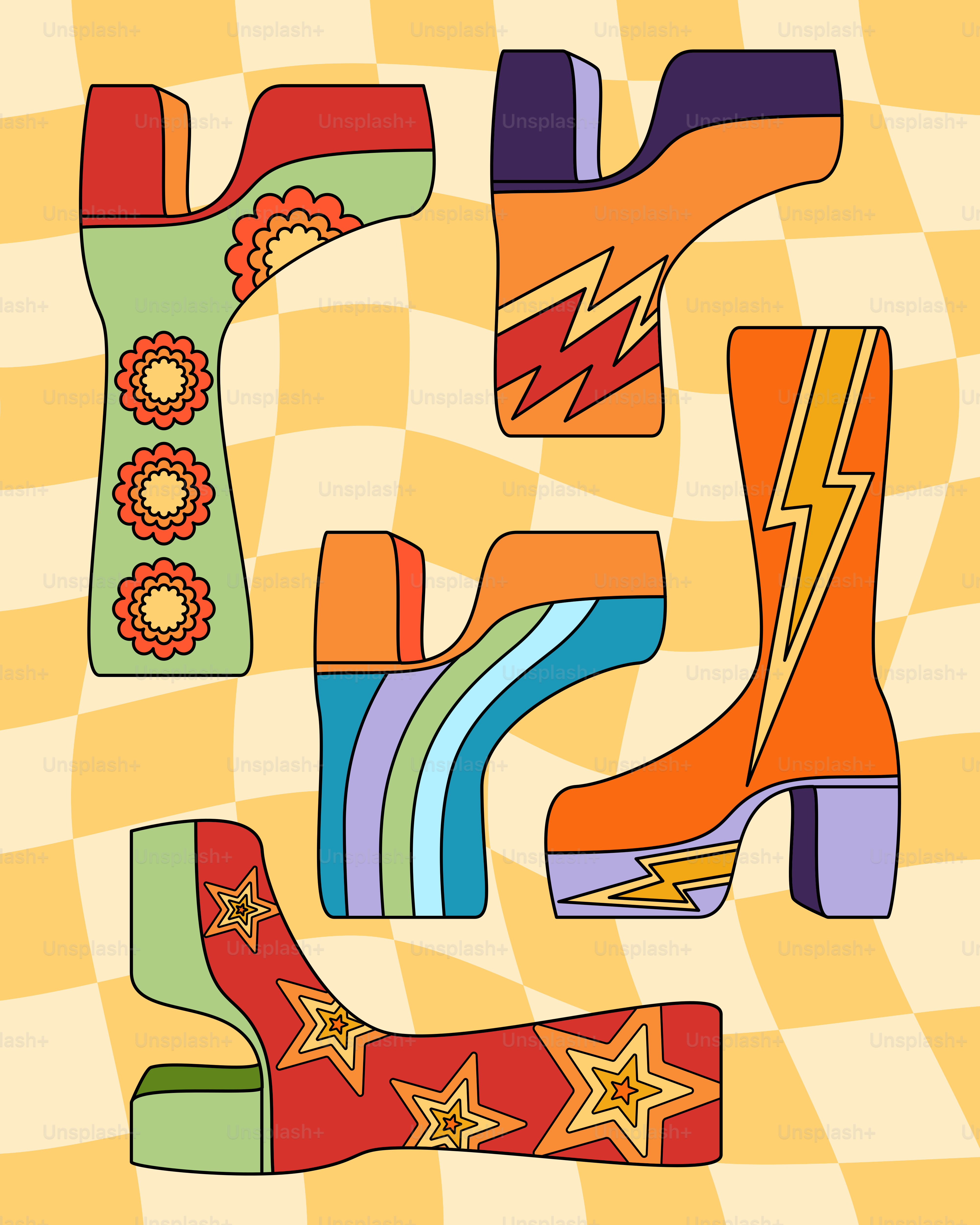 A set of colorful shoes with different designs on them