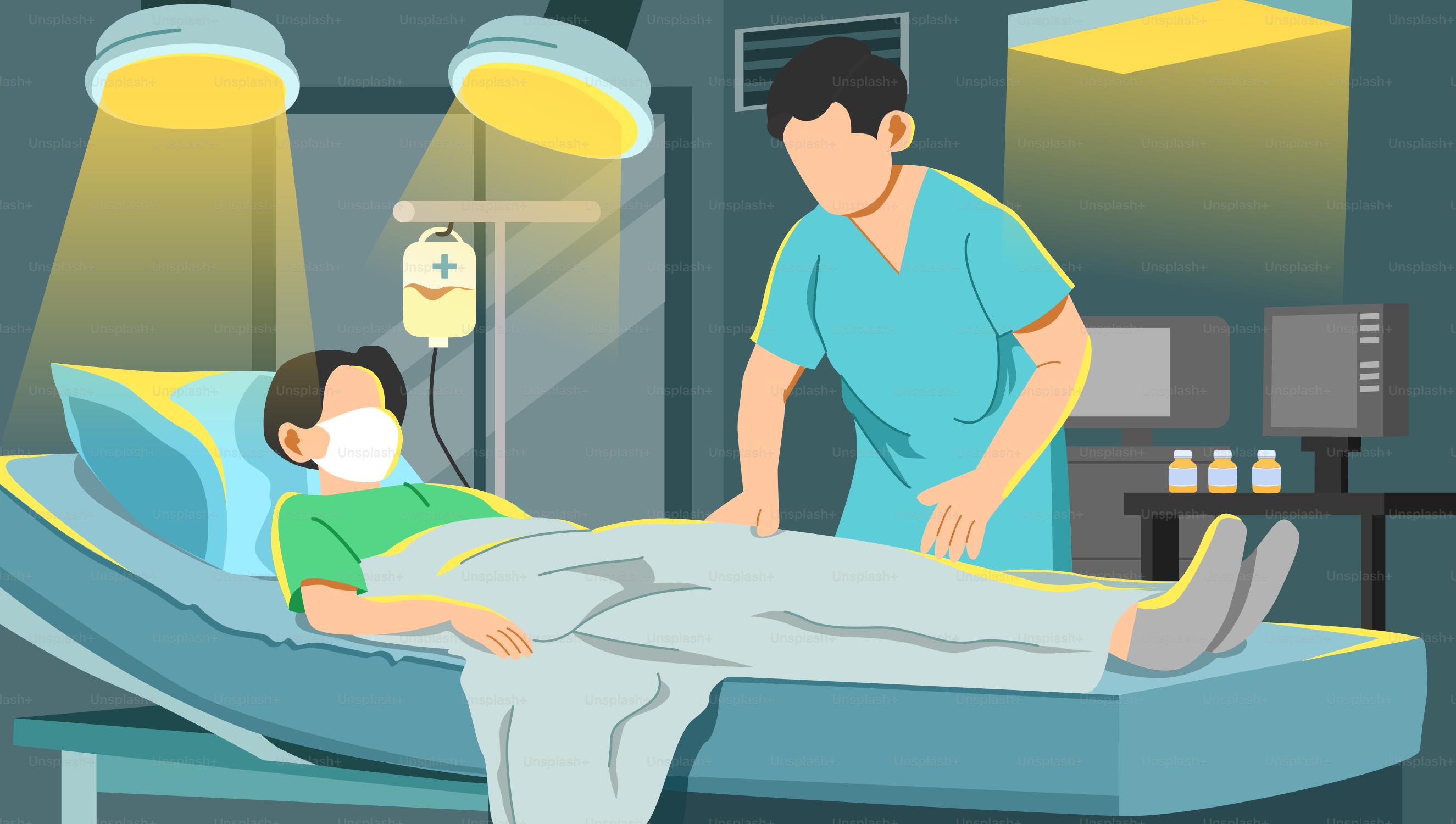 A man in a hospital bed with a face mask on