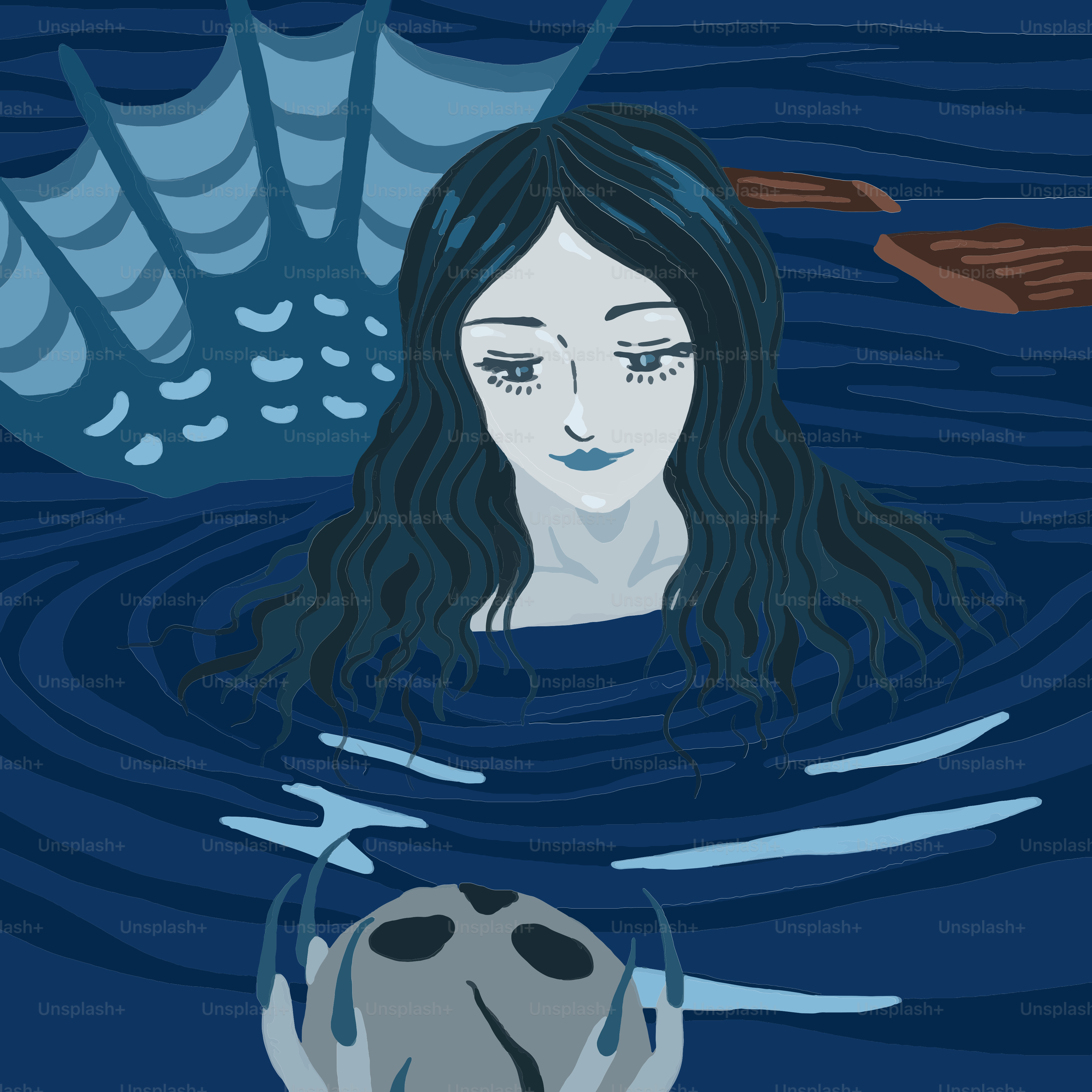 A painting of a woman floating in a body of water