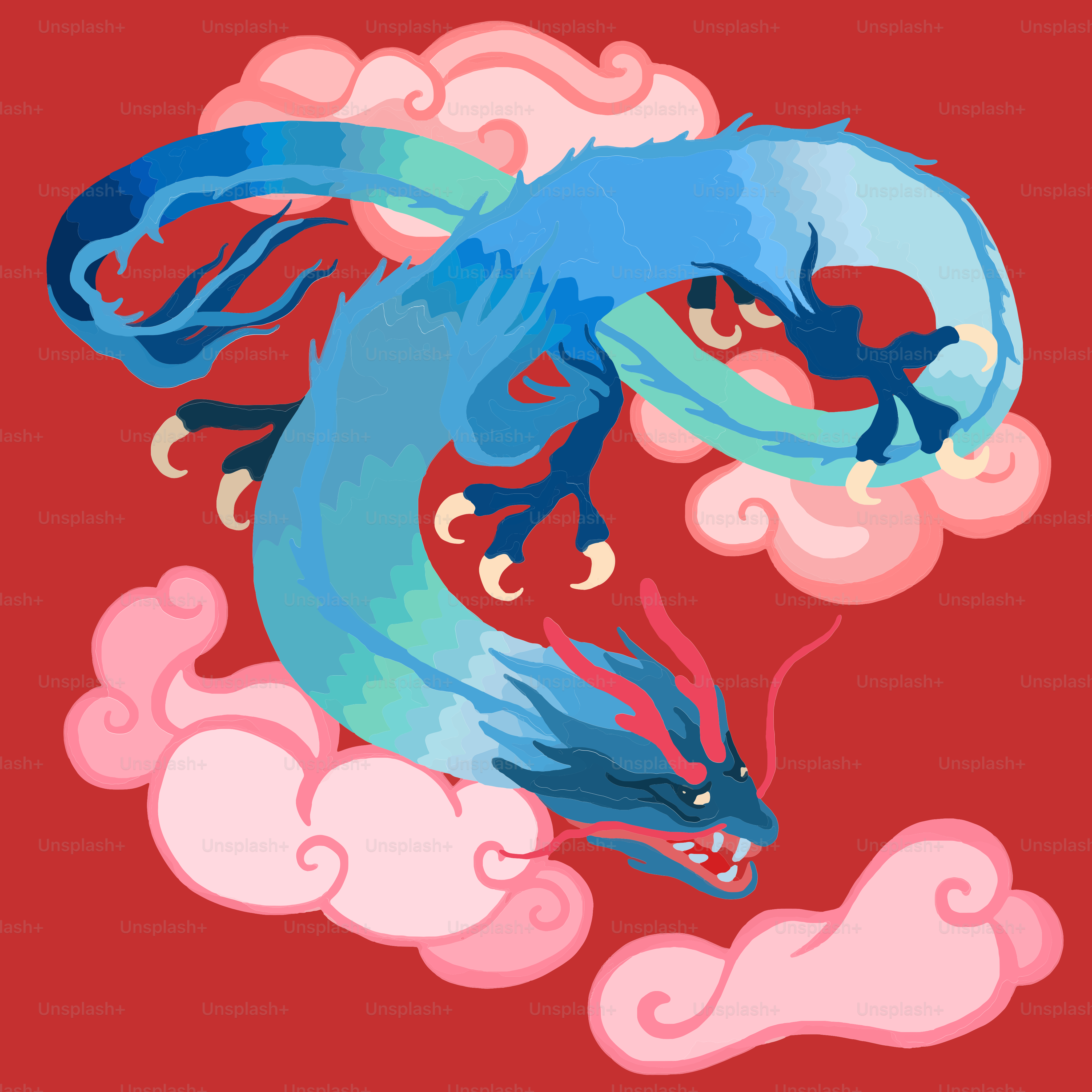 A blue dragon is flying through the air