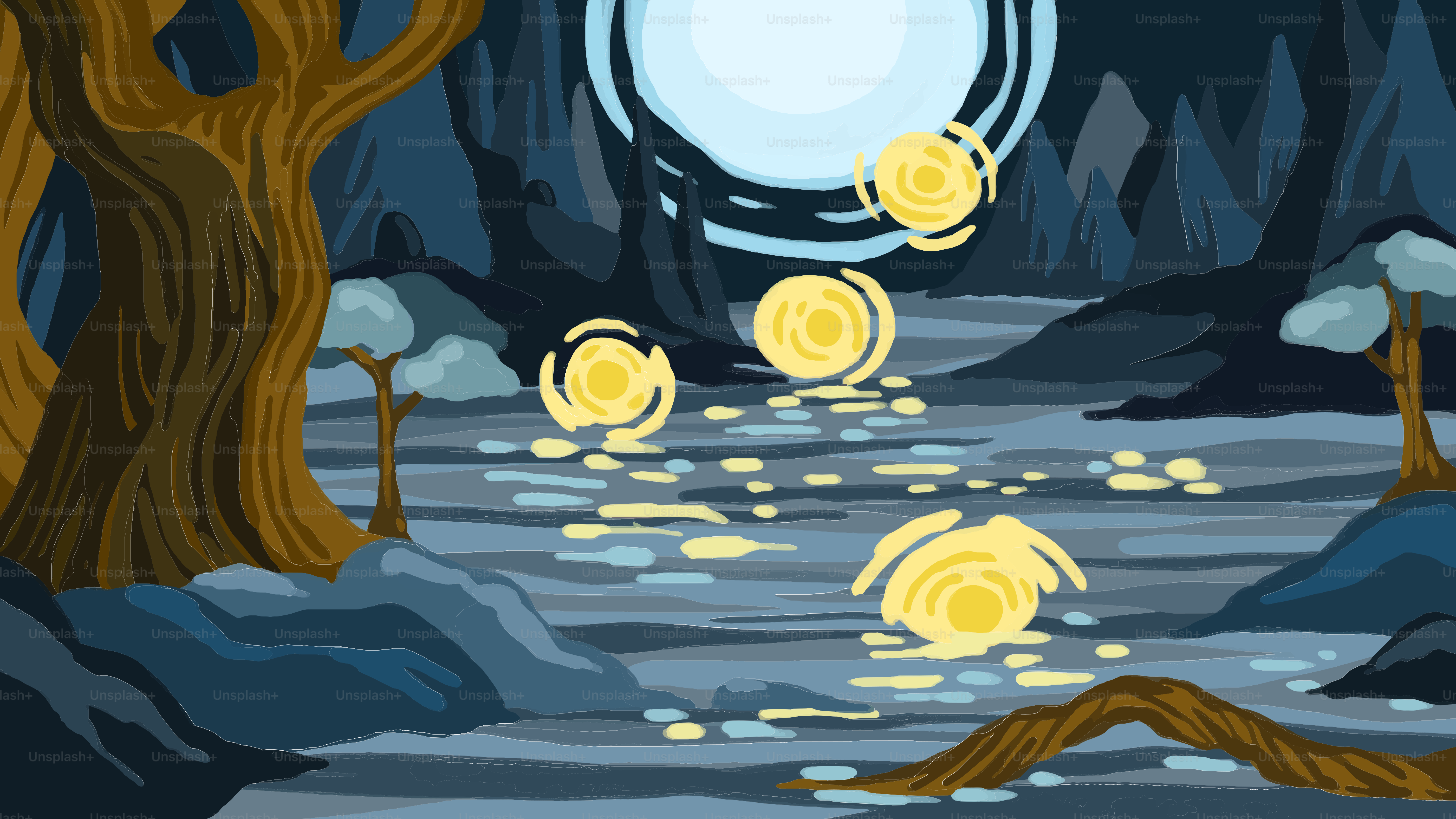 A cartoon scene of a stream of gold coins
