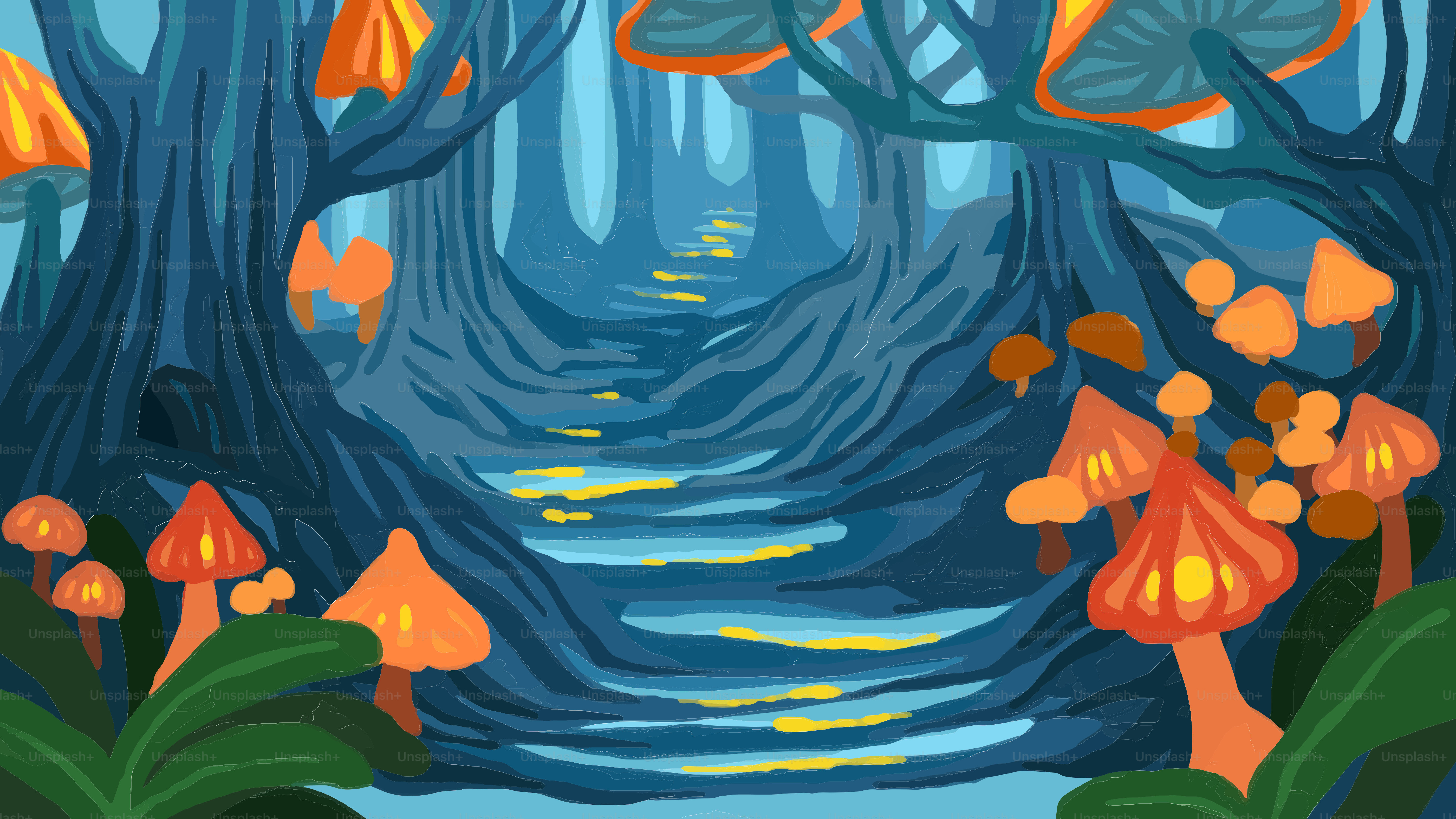 A painting of a path through a forest