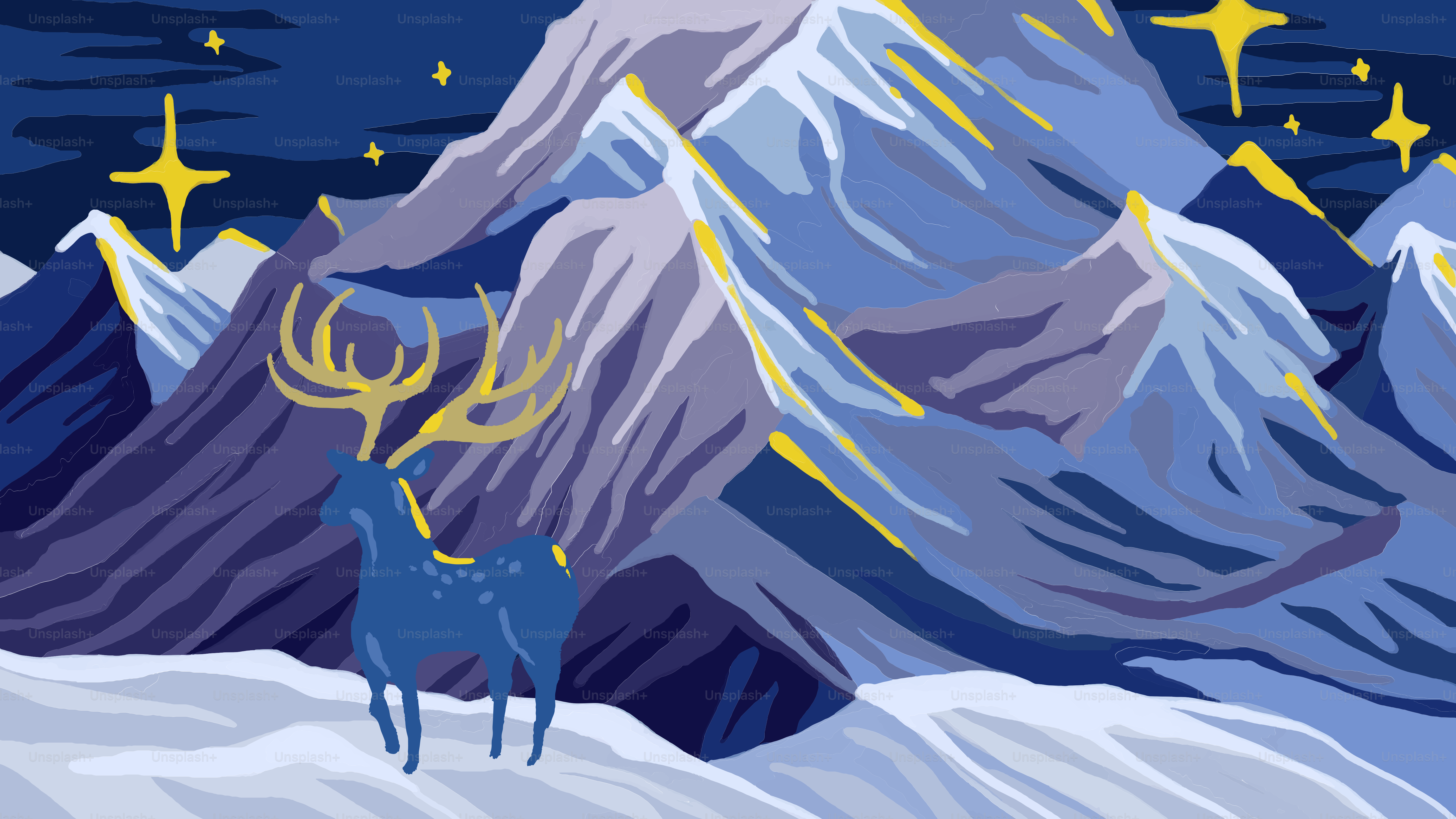 A painting of two deer standing in the snow