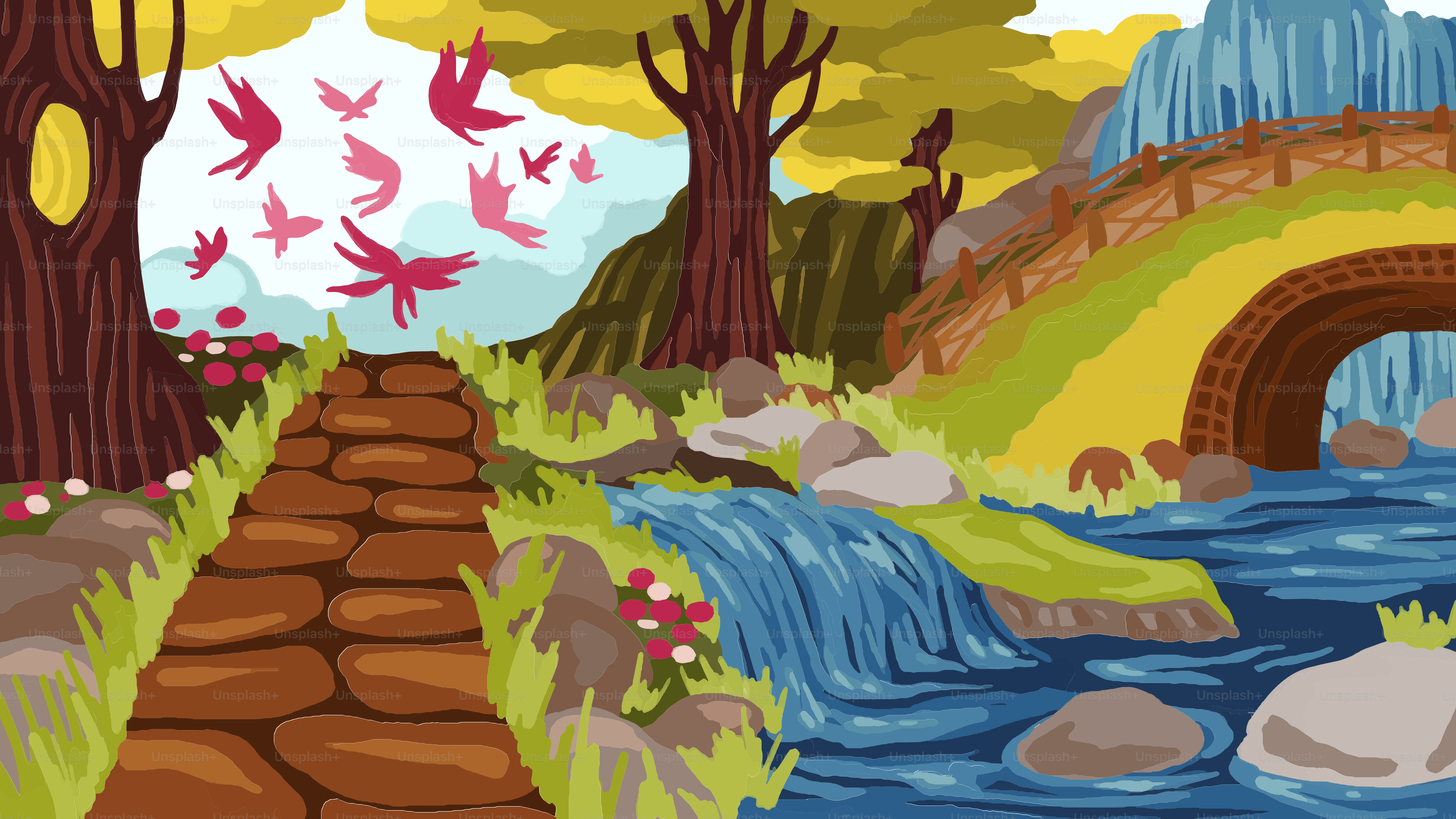 A painting of a river running through a forest