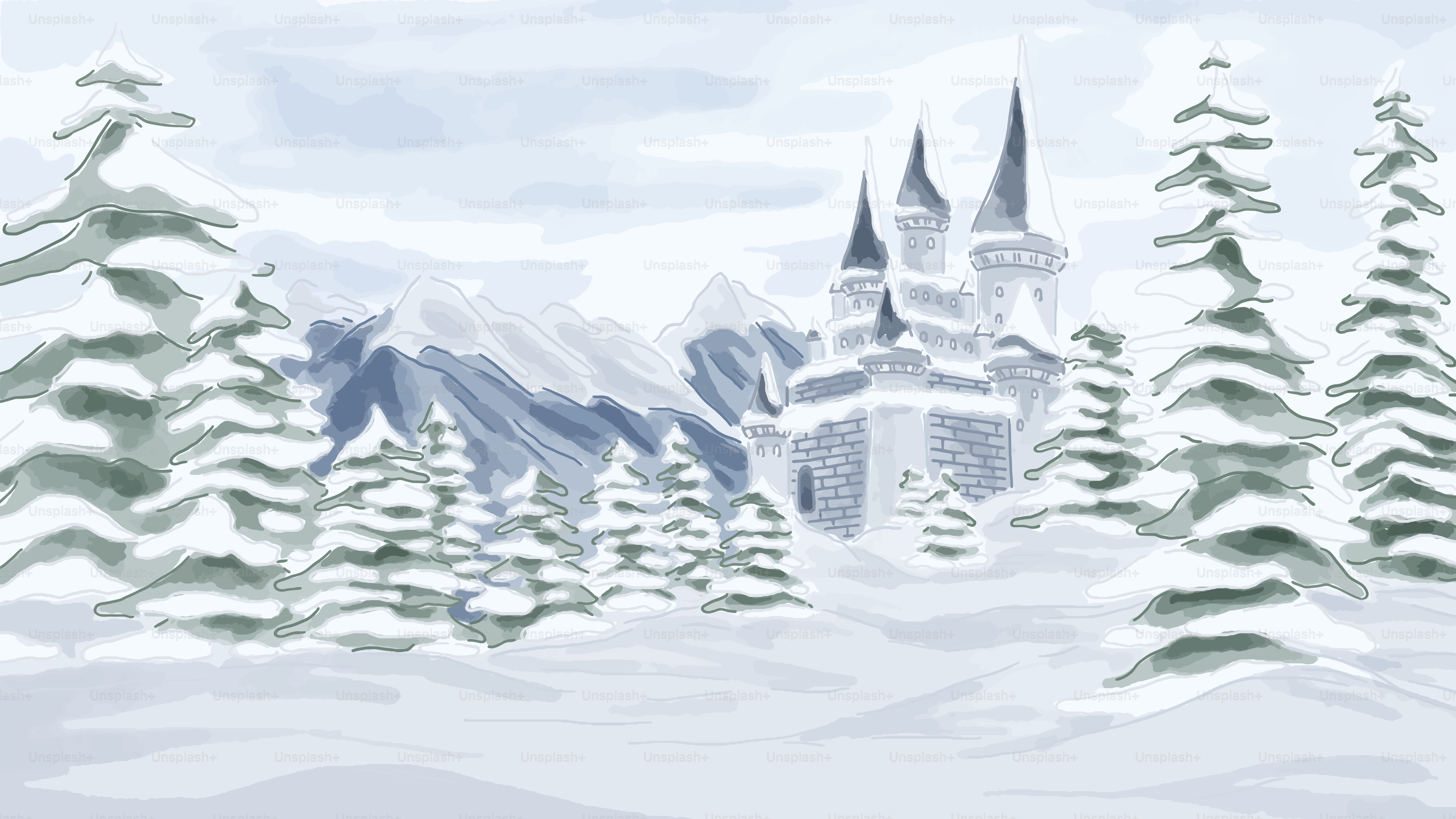 A snowy landscape with a castle in the middle