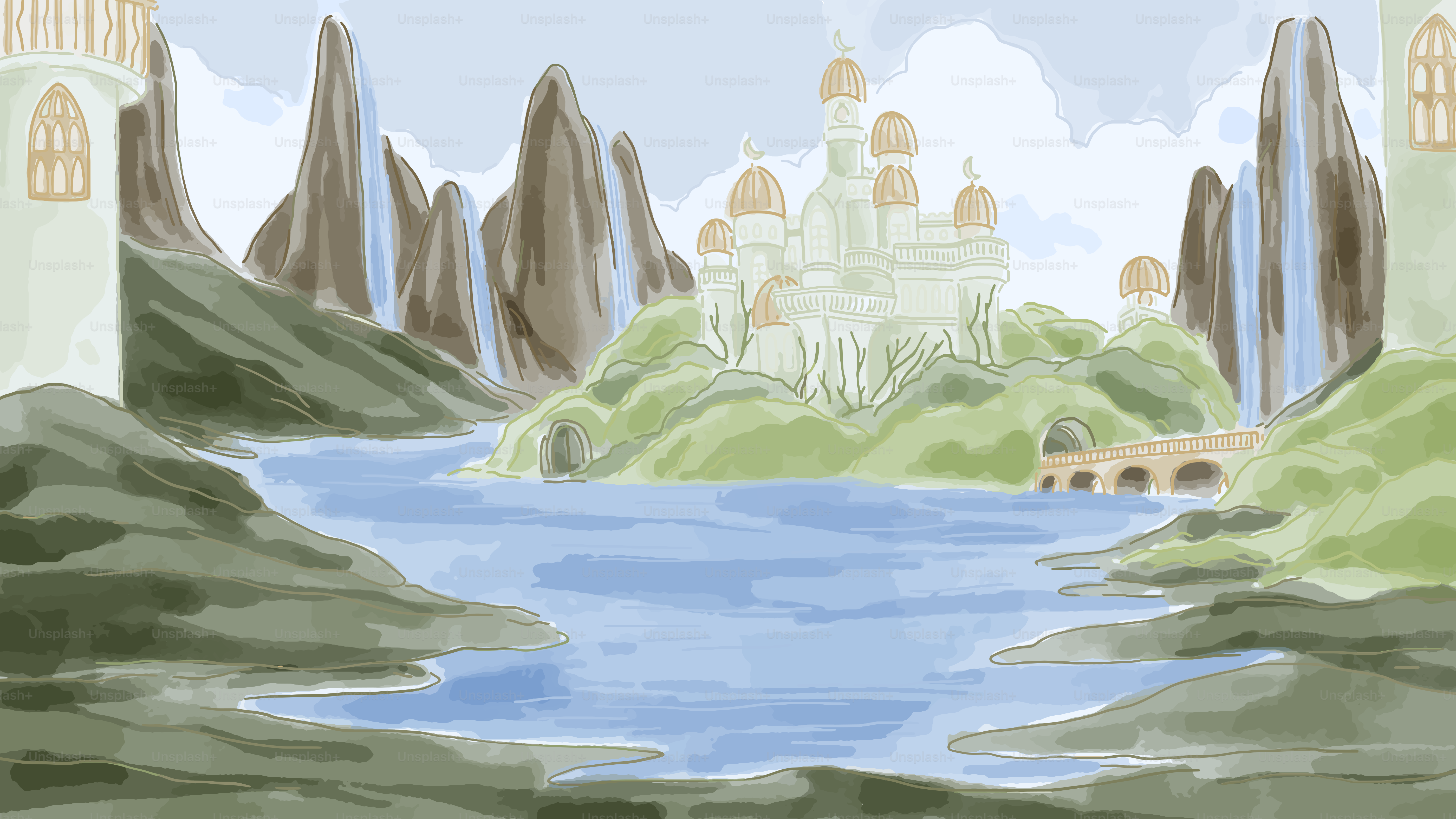 A drawing of a castle in the middle of a lake