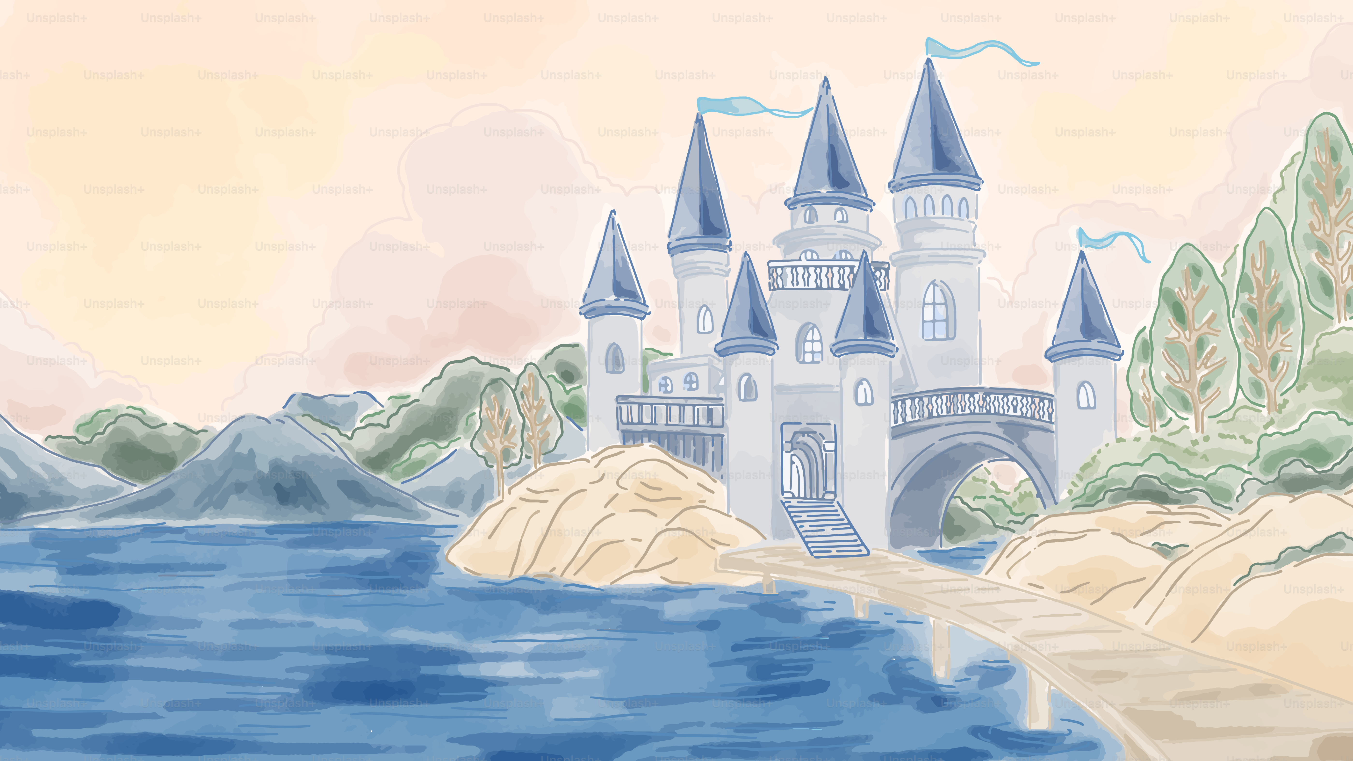 A drawing of a castle by the water
