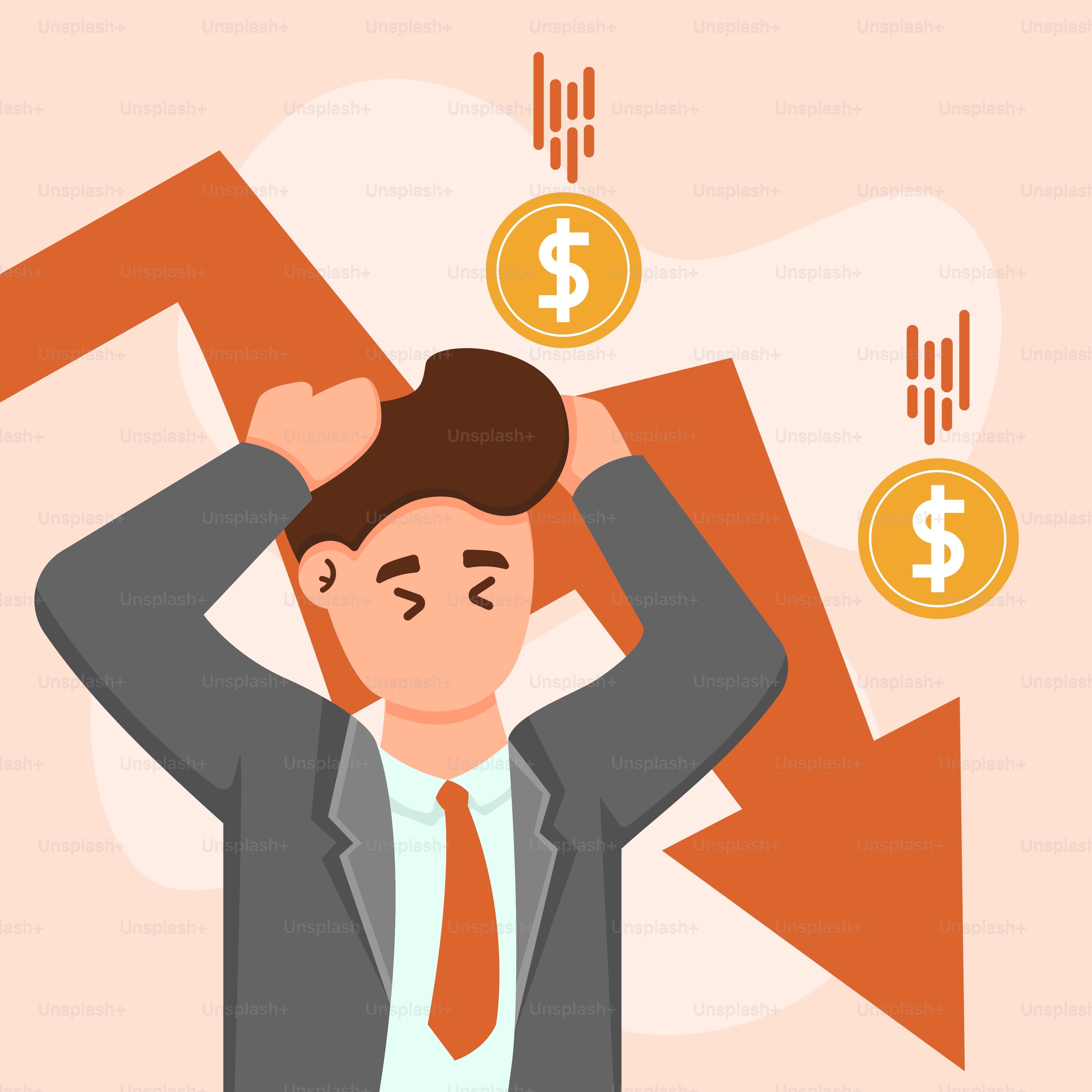 Un hombre con traje y corbata sujetándose la cabeza con dinero saliendo de su