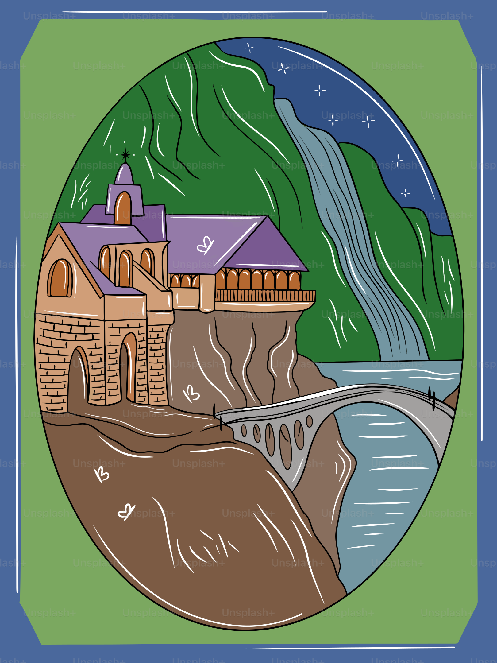 Une image d’un château avec une cascade en arrière-plan