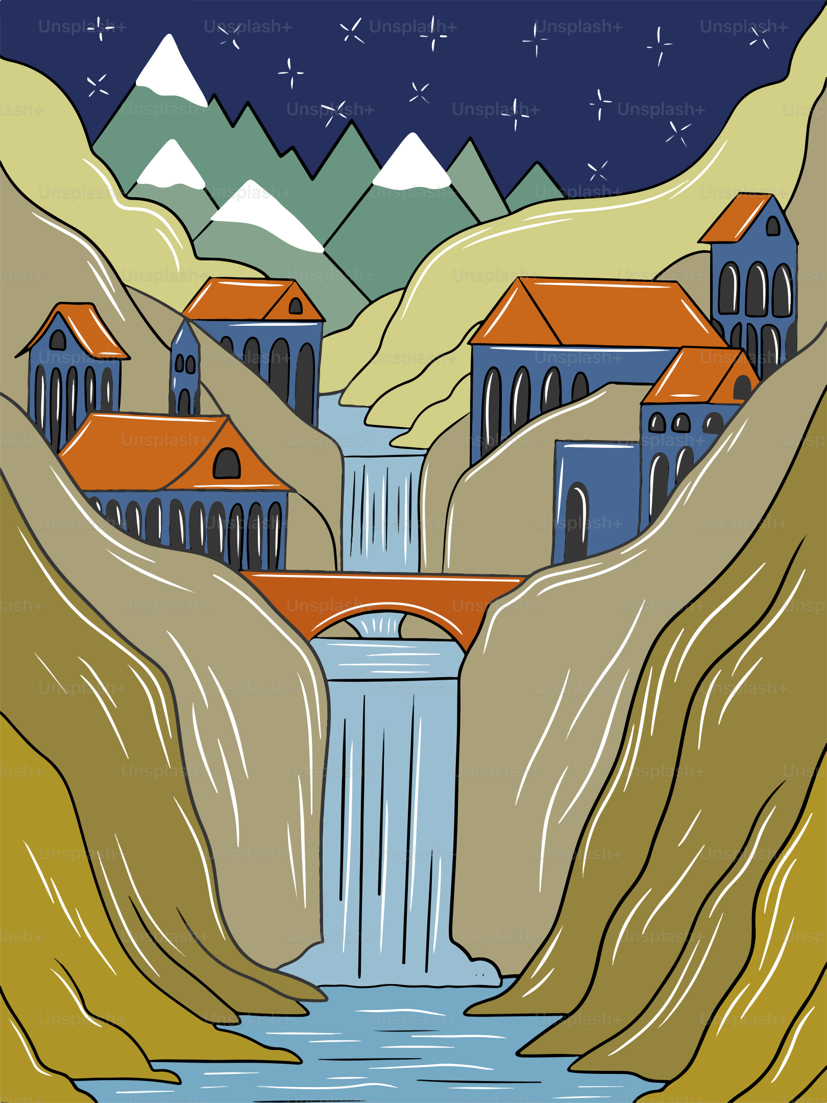 Une peinture d’une cascade avec des maisons et des montagnes en arrière-plan