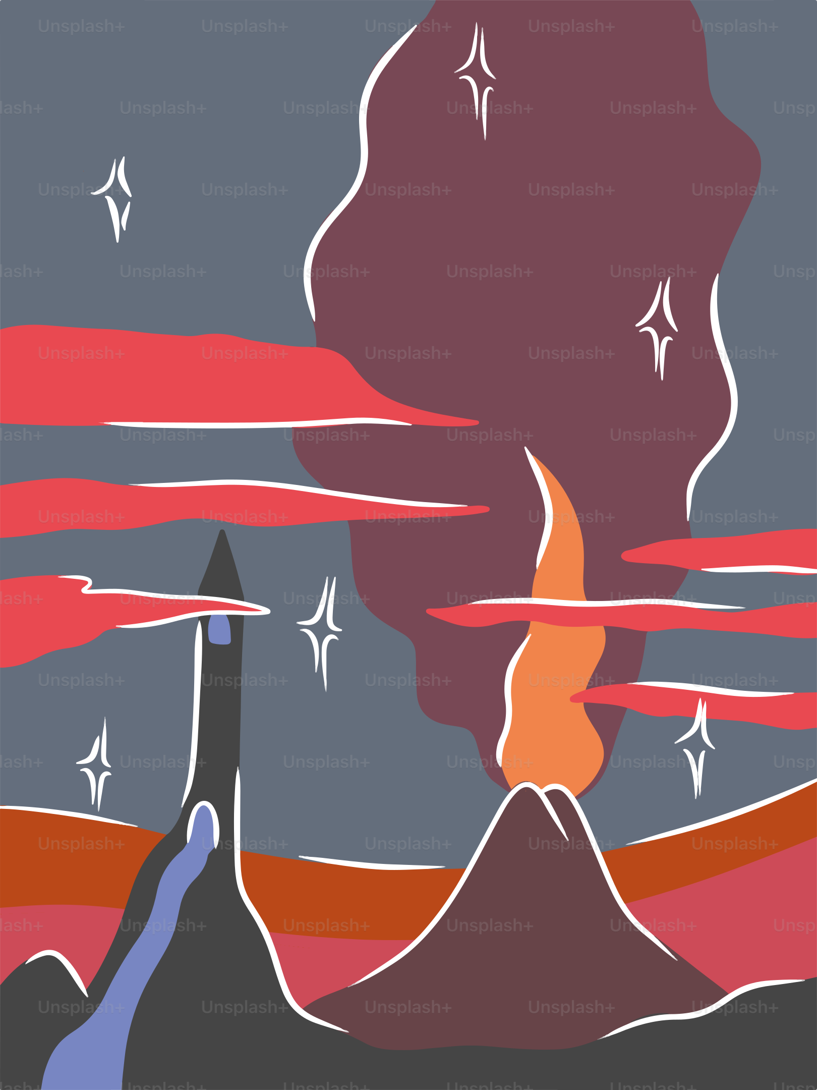 Una pintura de una montaña con estrellas en el cielo