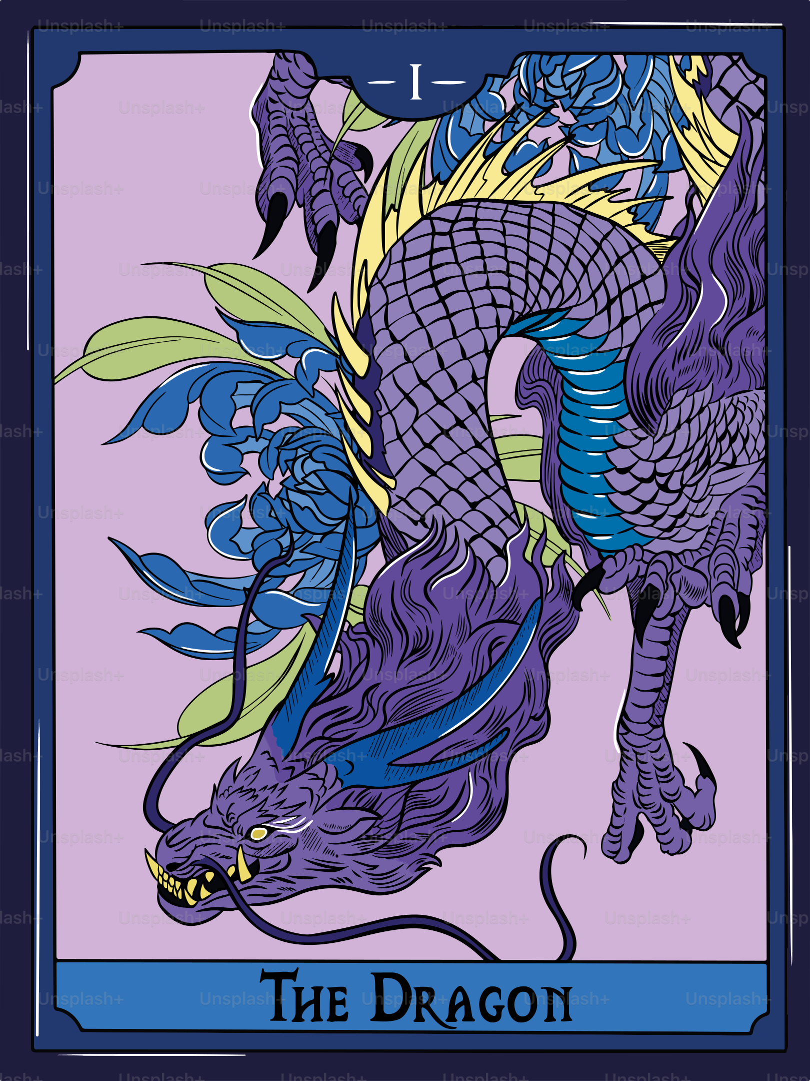 A purple and blue tarot card with a dragon on it
