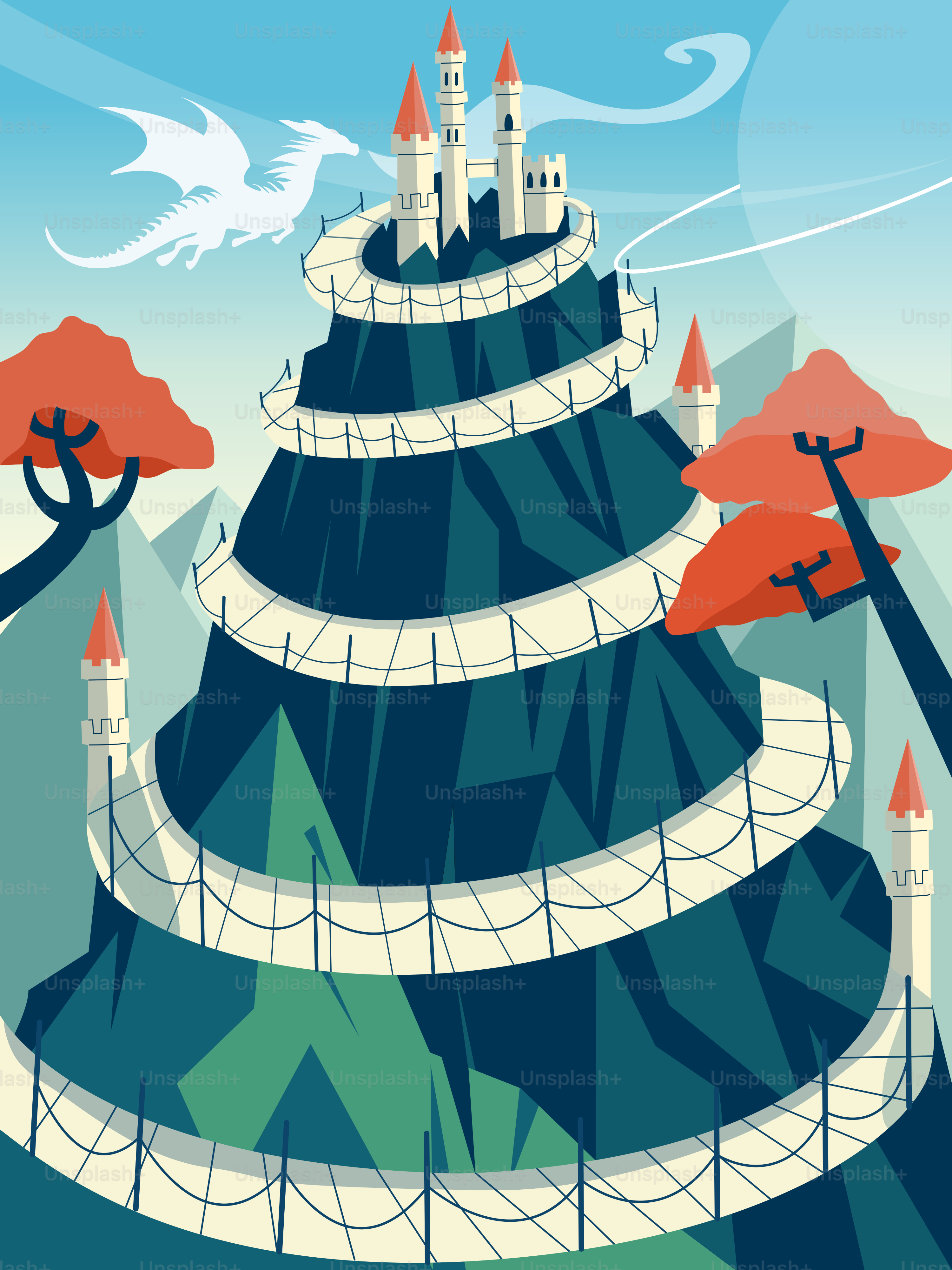 Um castelo em uma colina com árvores e um pássaro voando sobre ele