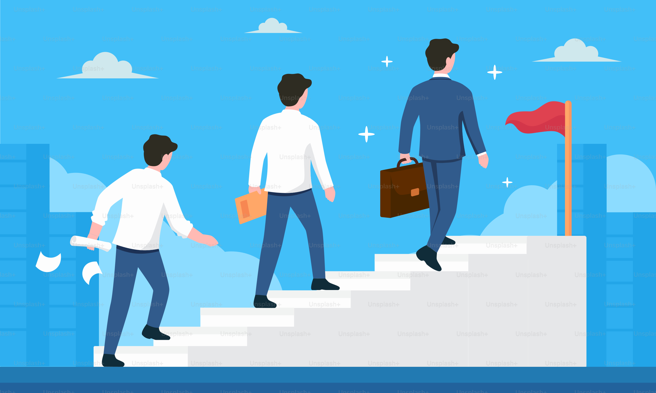 A group of people walking up a stair