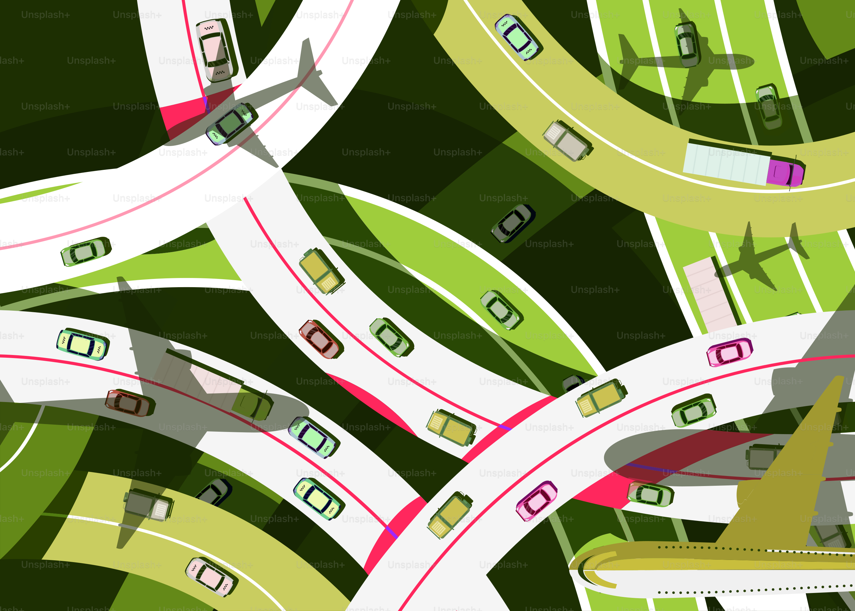 An aerial view of a highway with a plane flying over it