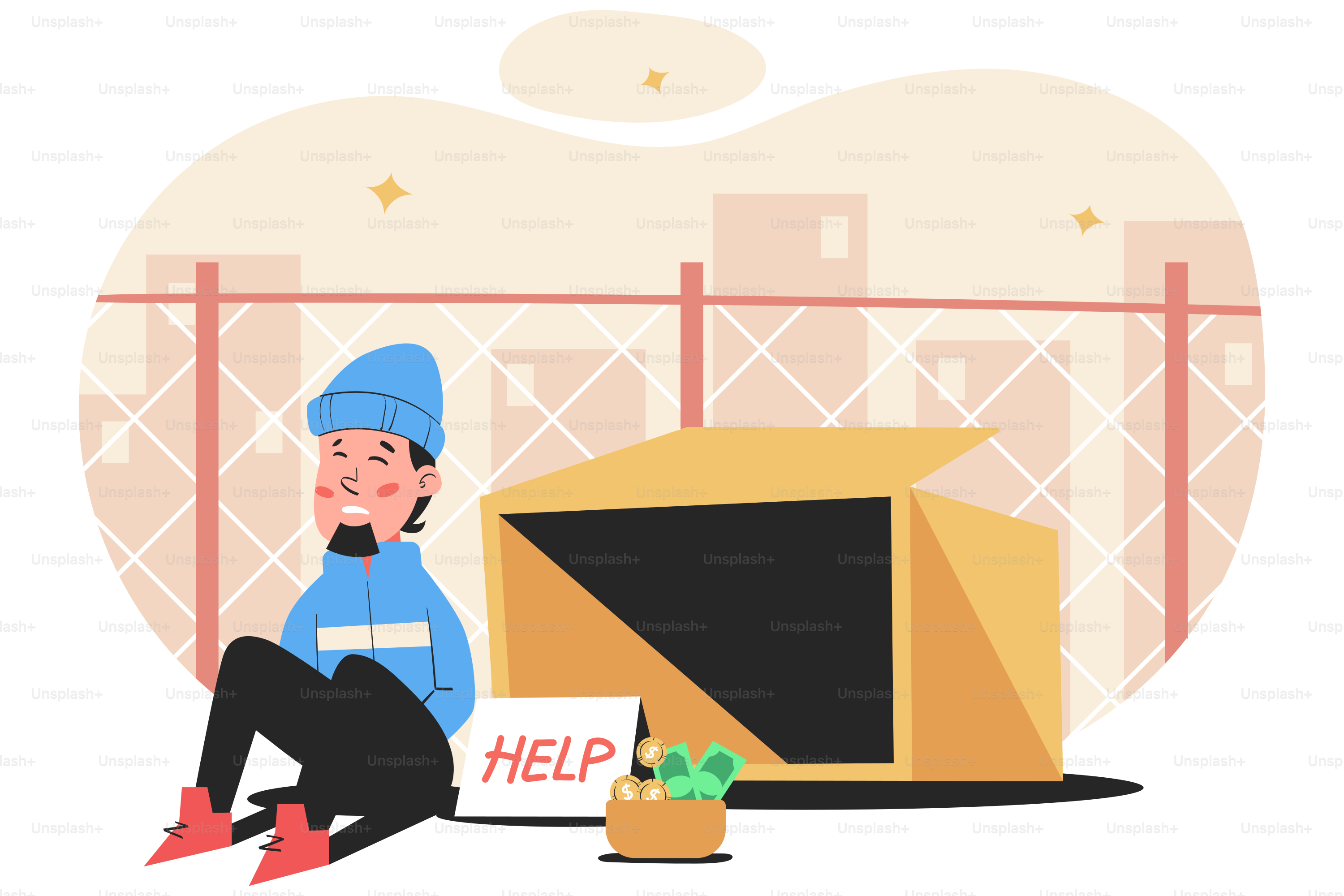 A man sitting on the ground next to a microwave