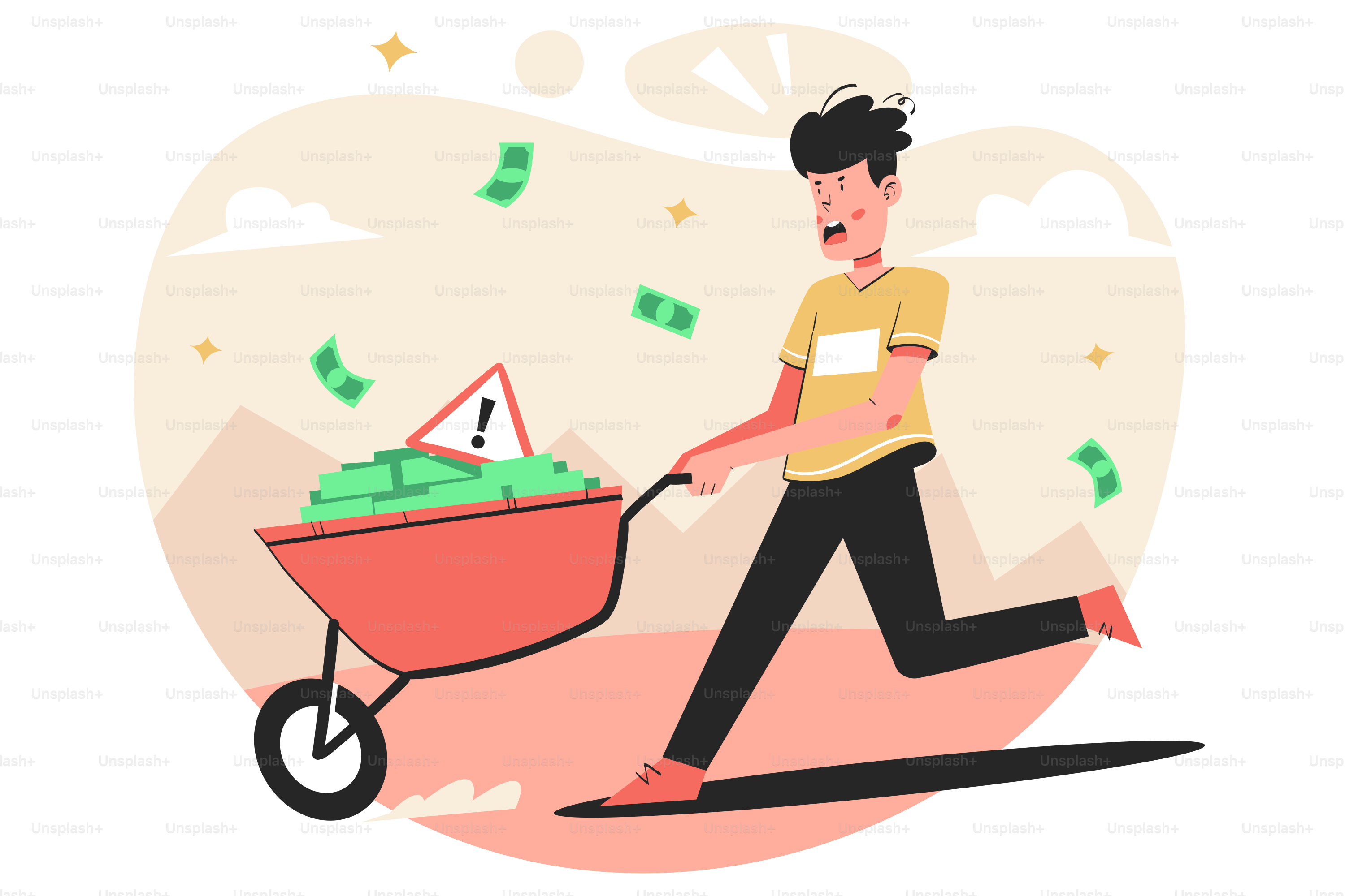 A man pushing a wheelbarrow filled with money