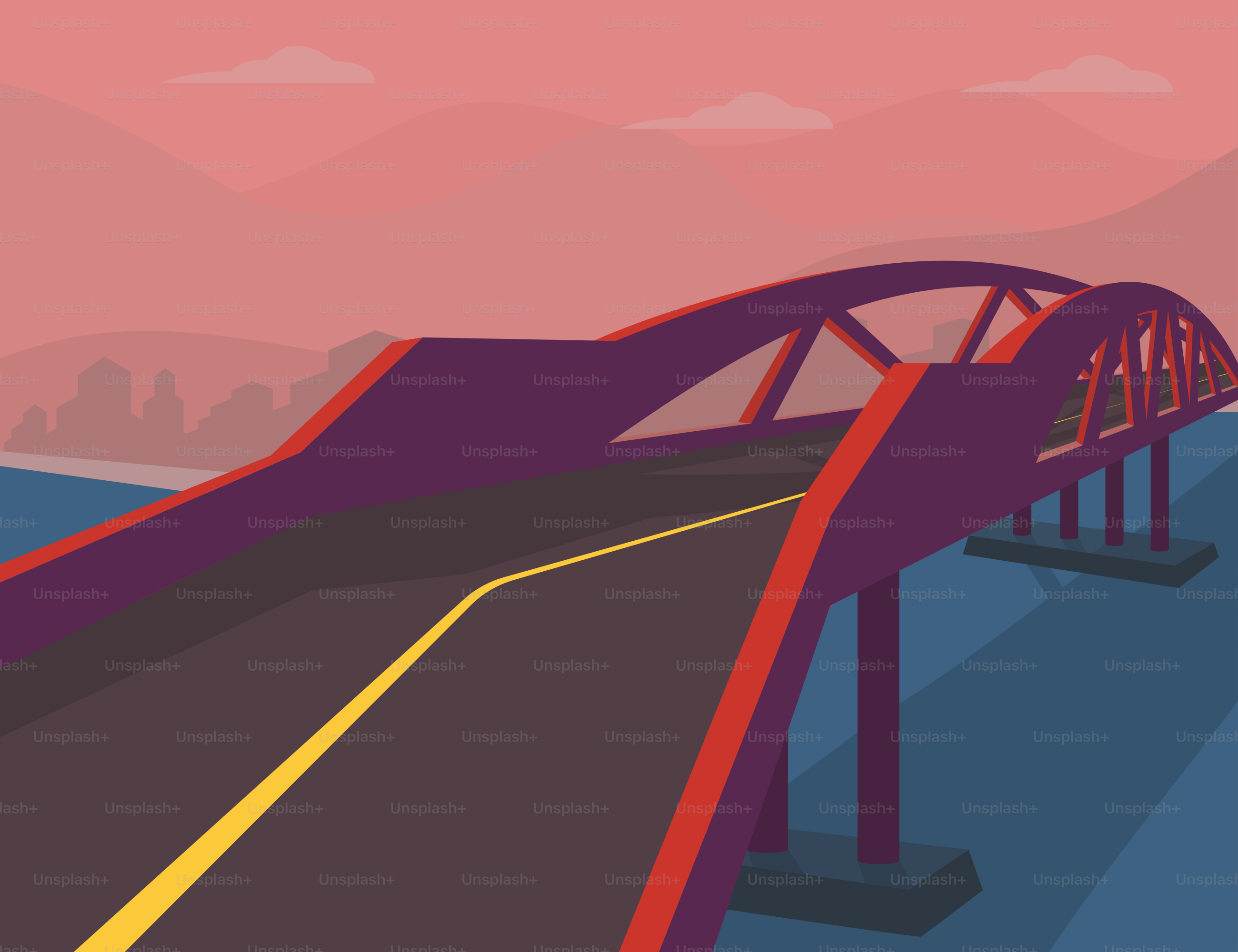 A bridge over a body of water with a city in the background