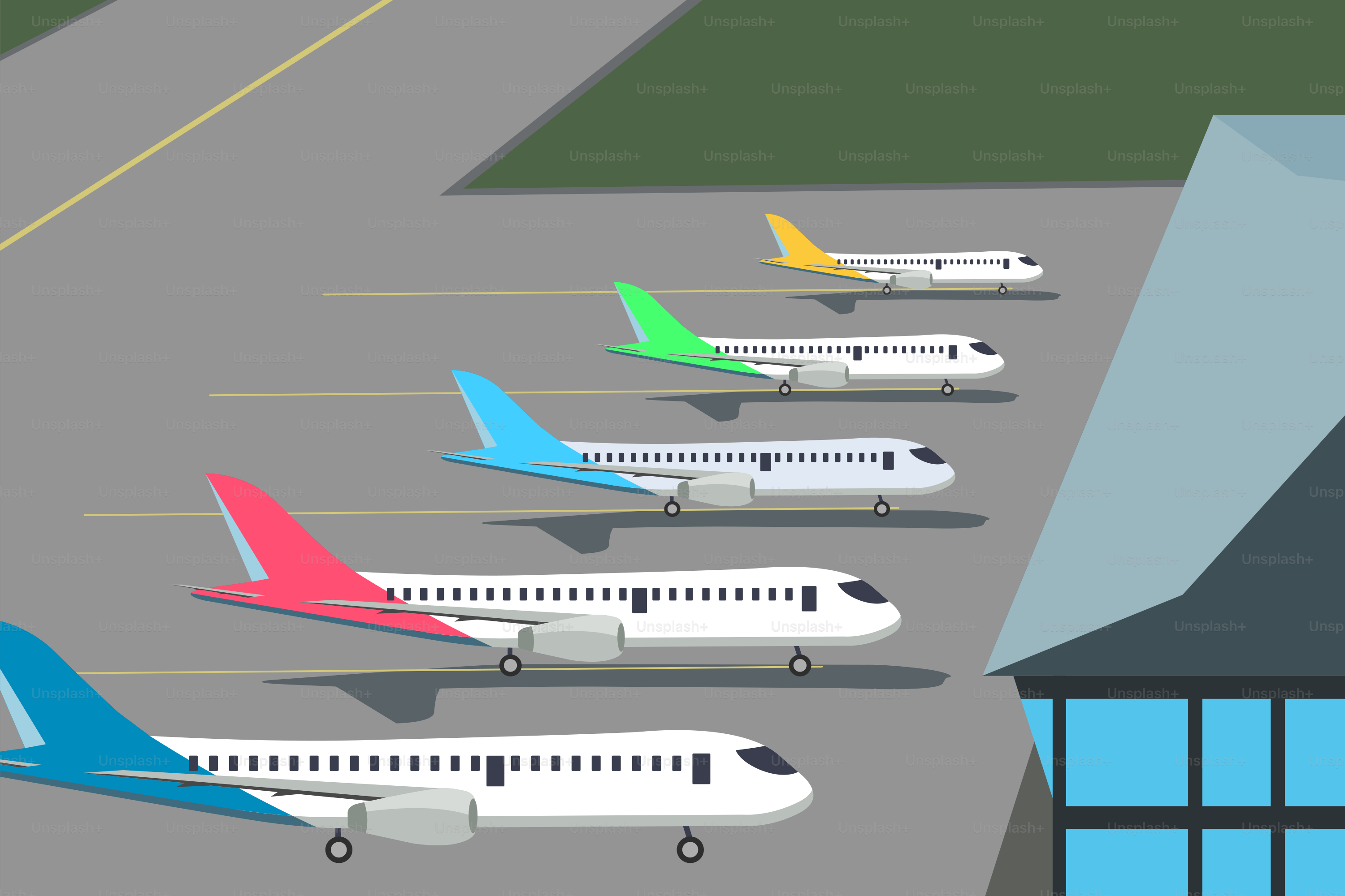 A row of airplanes sitting on top of an airport tarmac