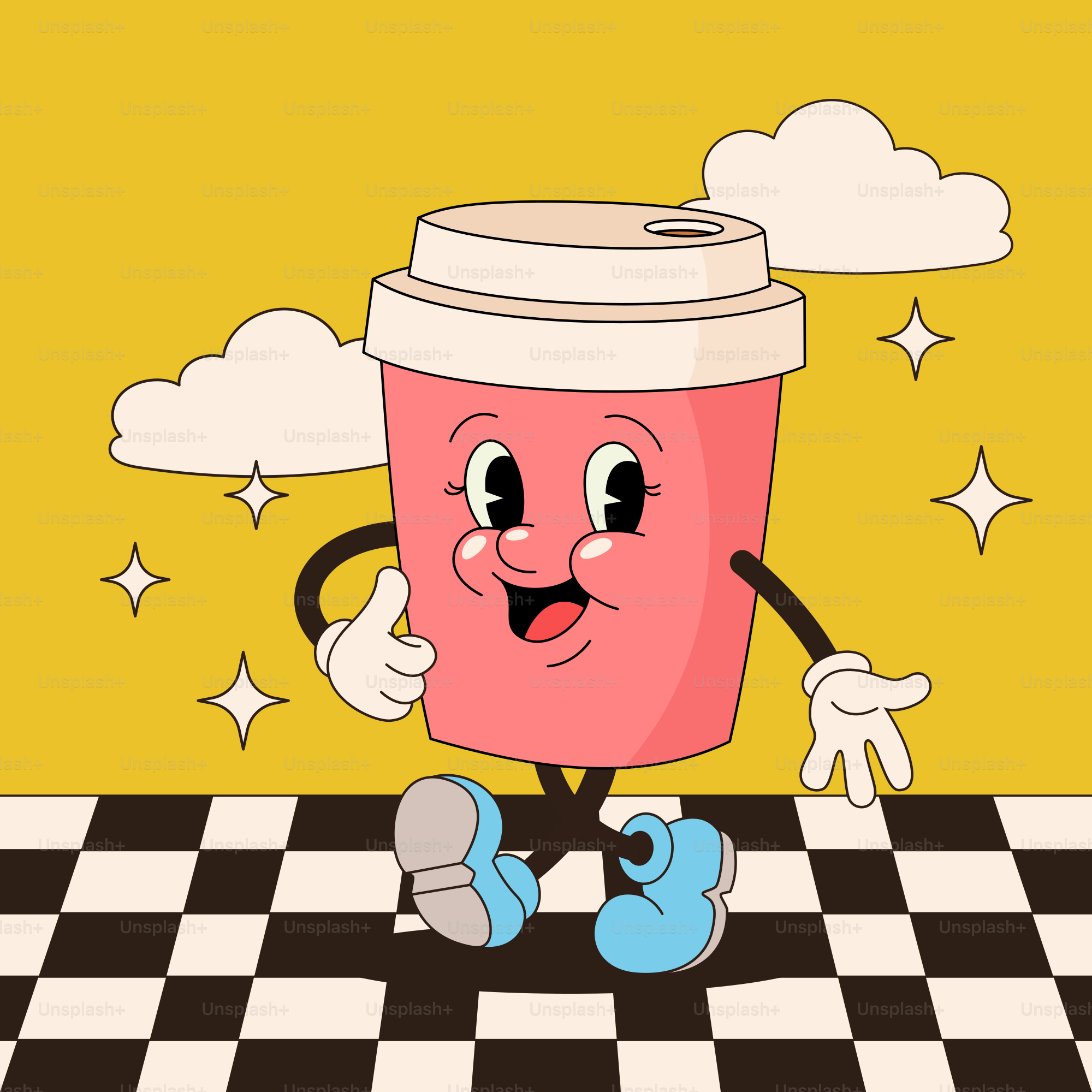 Uma xícara de café em uma mesa xadrez