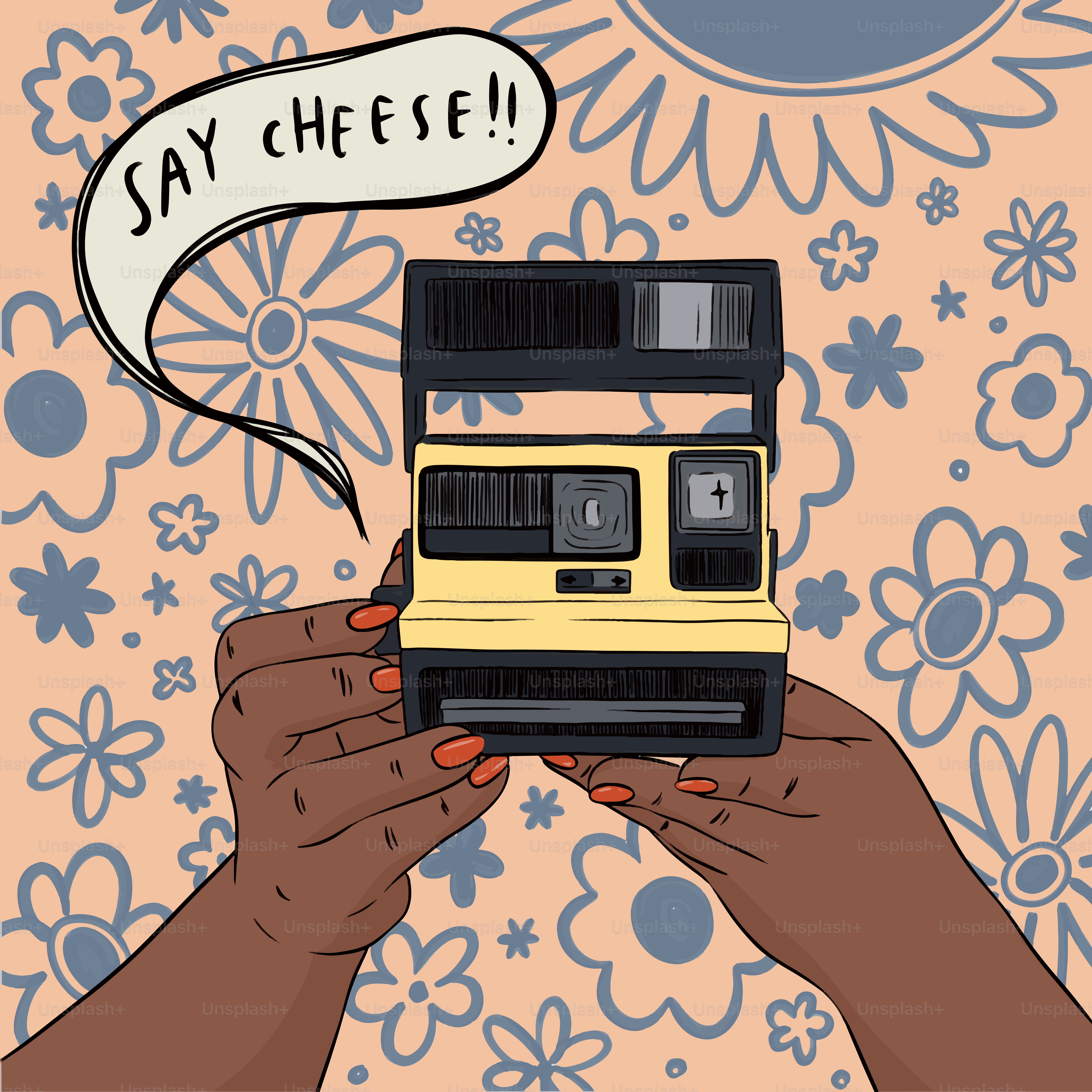 A woman holding a camera with a speech bubble above her head