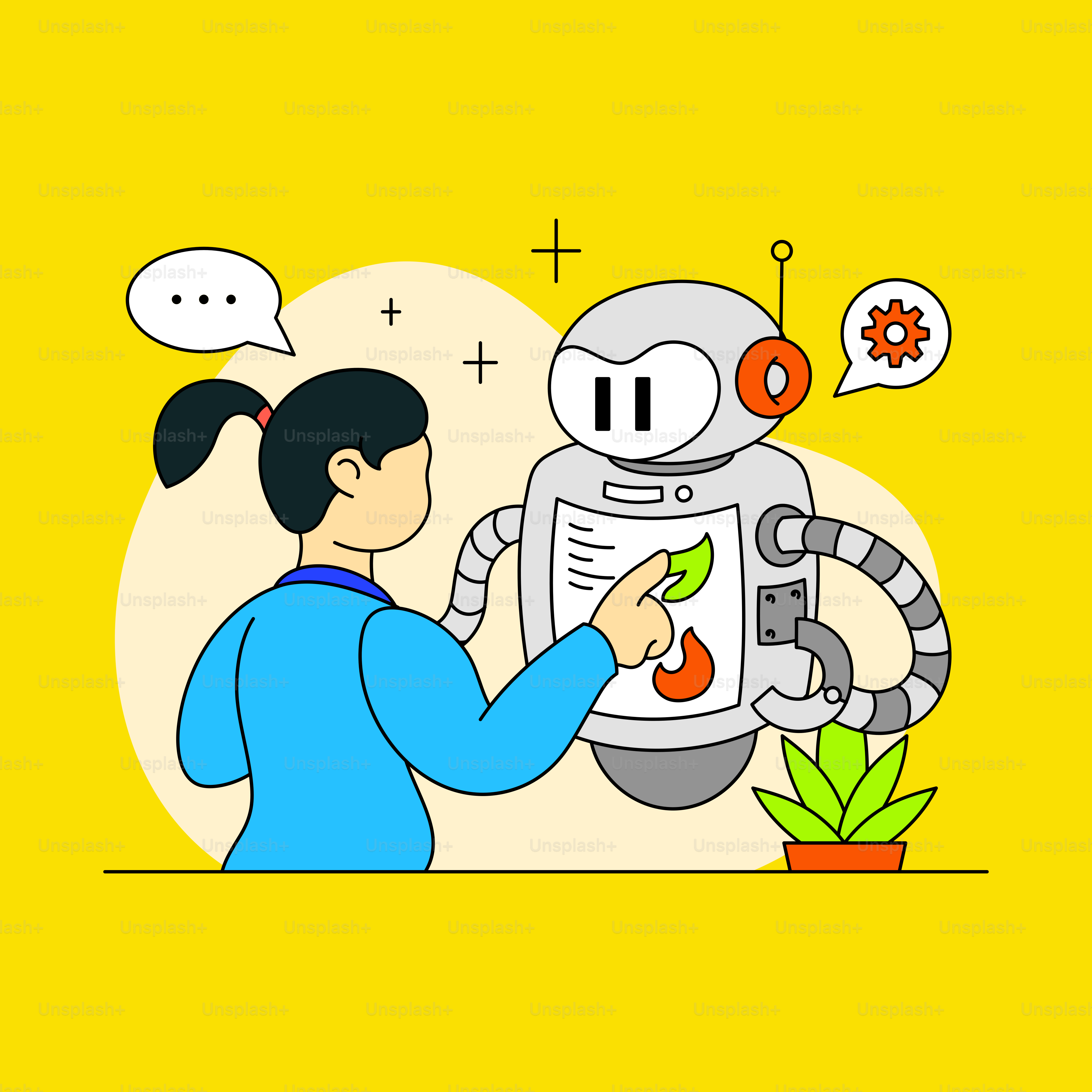 A woman looking at a robot next to a plant