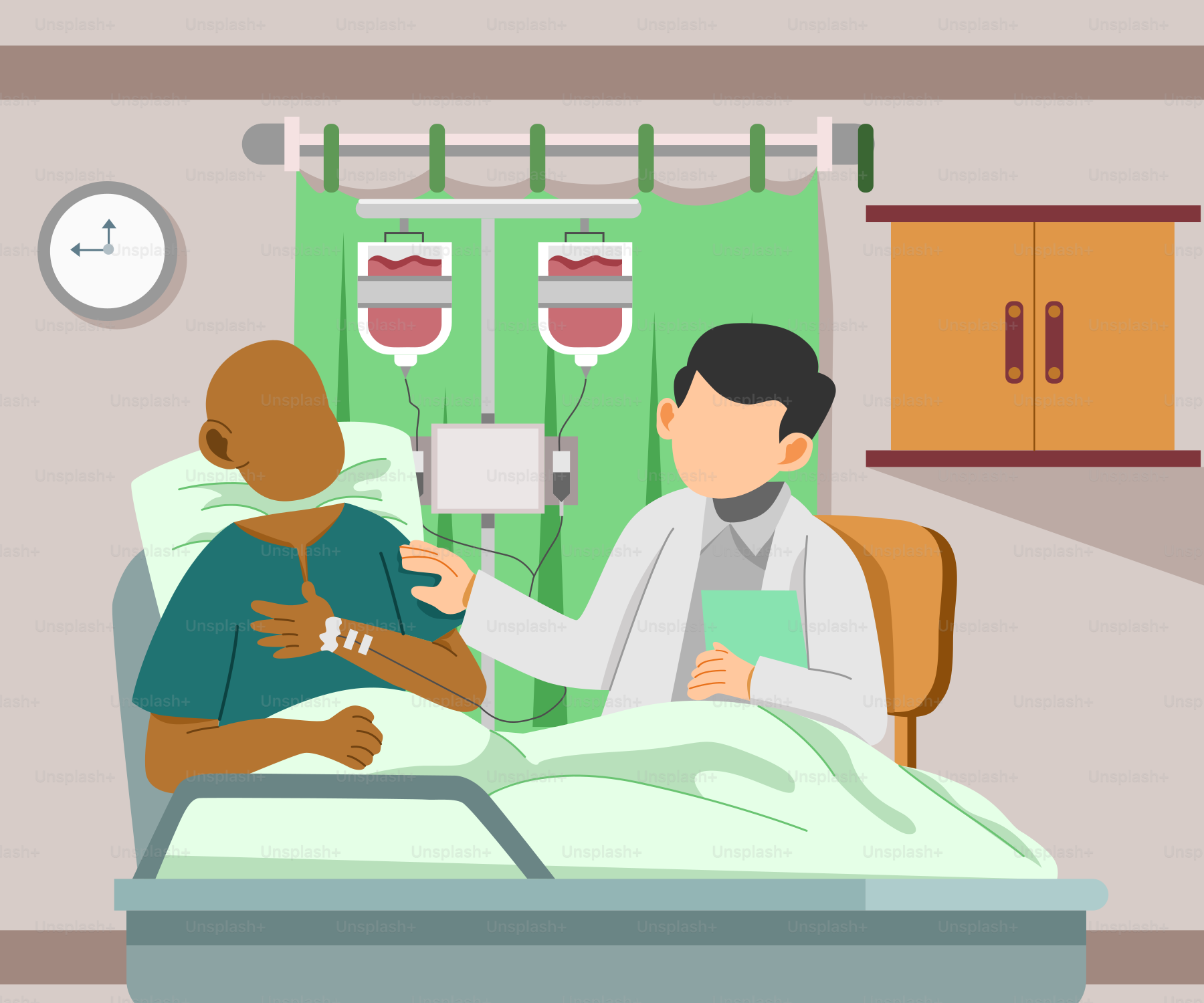 A man in a hospital bed with a clipboard