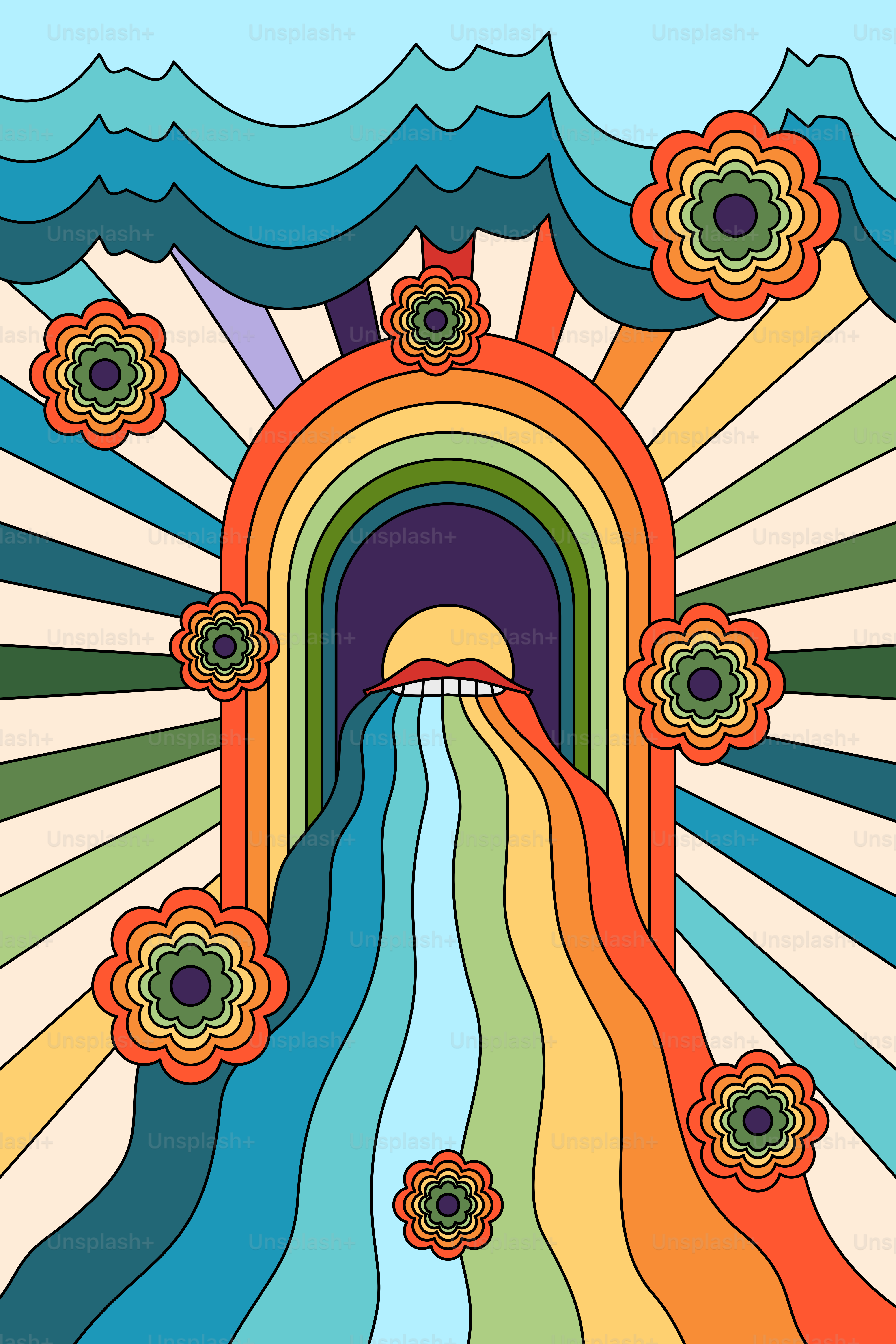 A rainbow colored waterfall surrounded by flowers