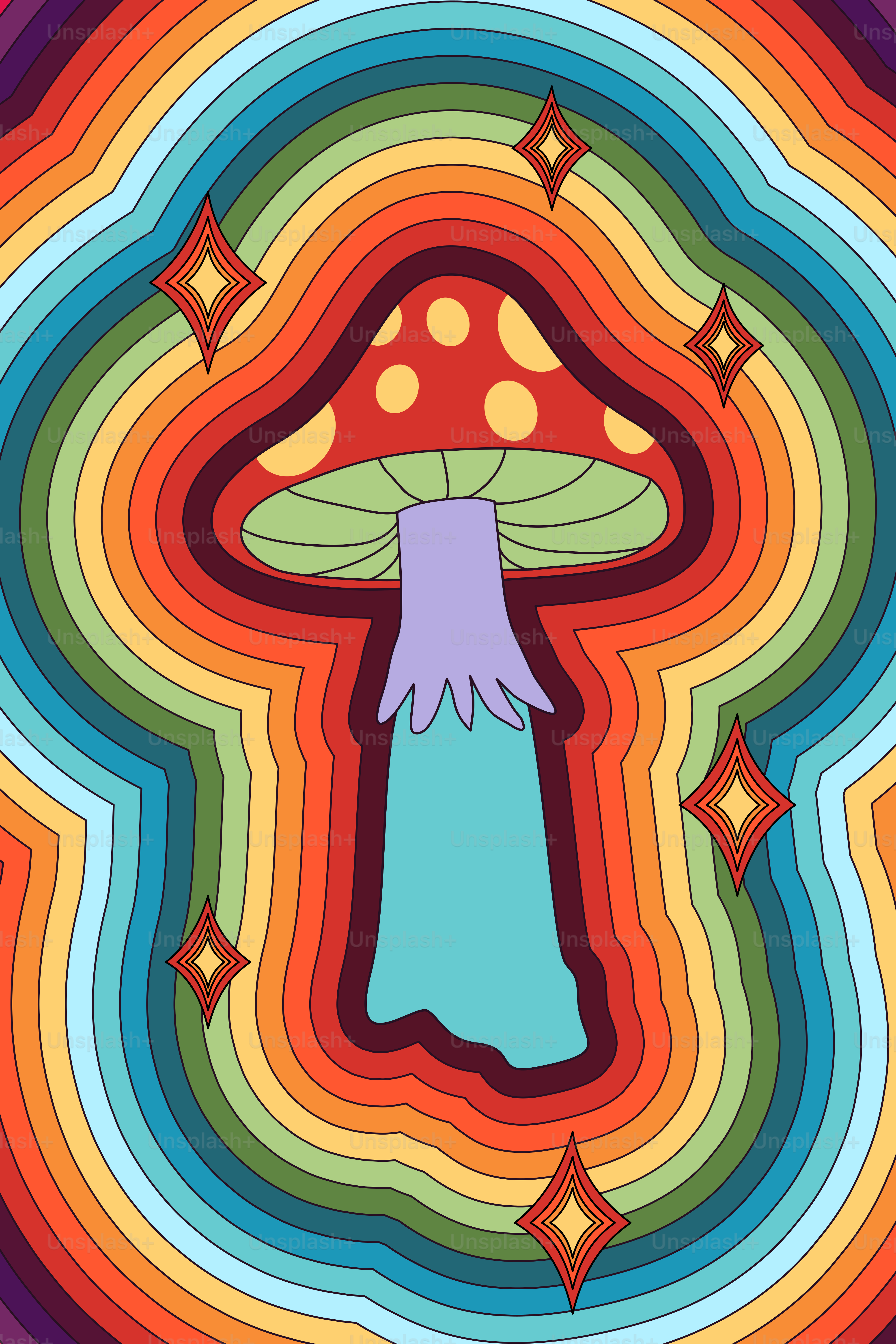 A colorful mushroom with a blue dress on it