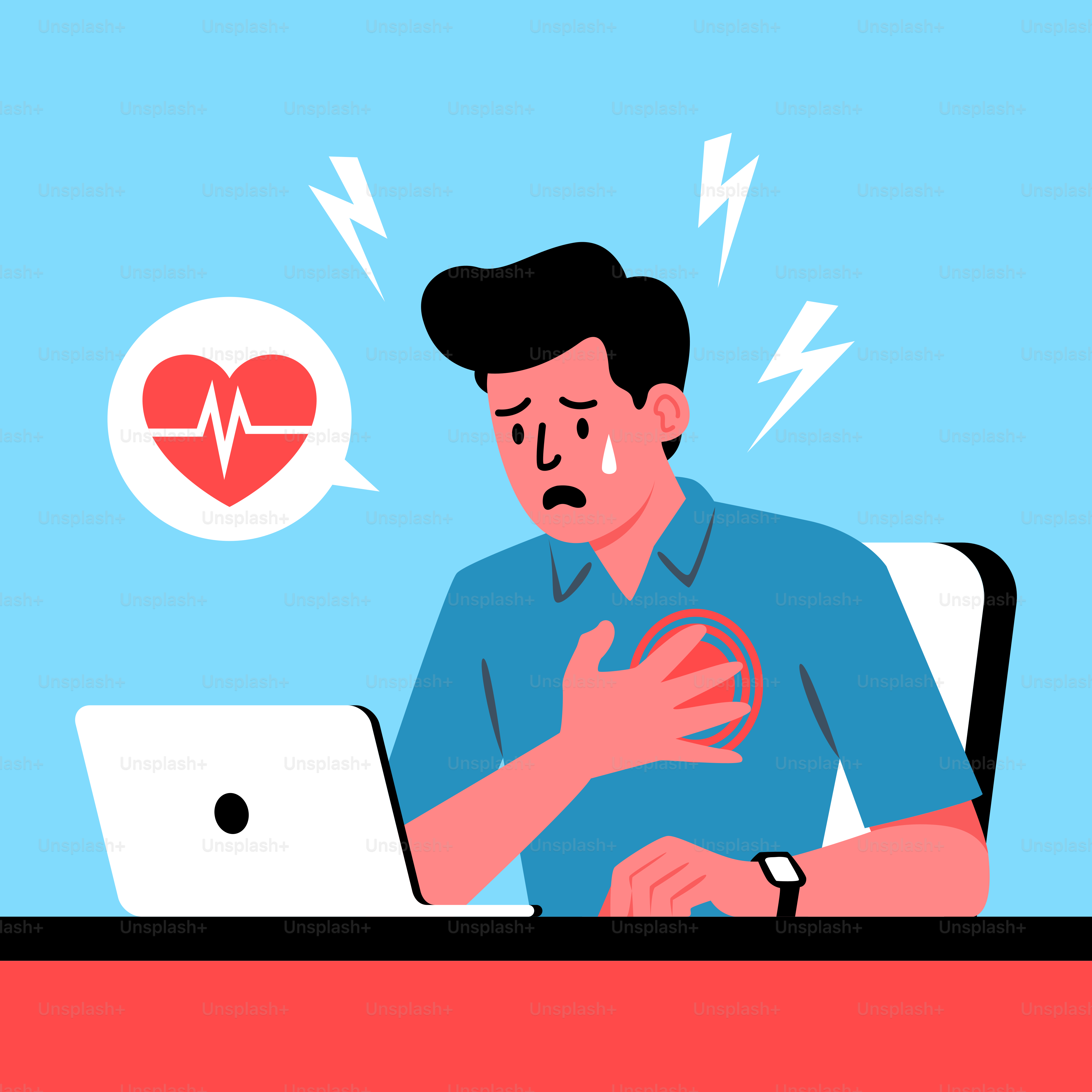 Un hombre sentado frente a un portátil con un corazón en el pecho