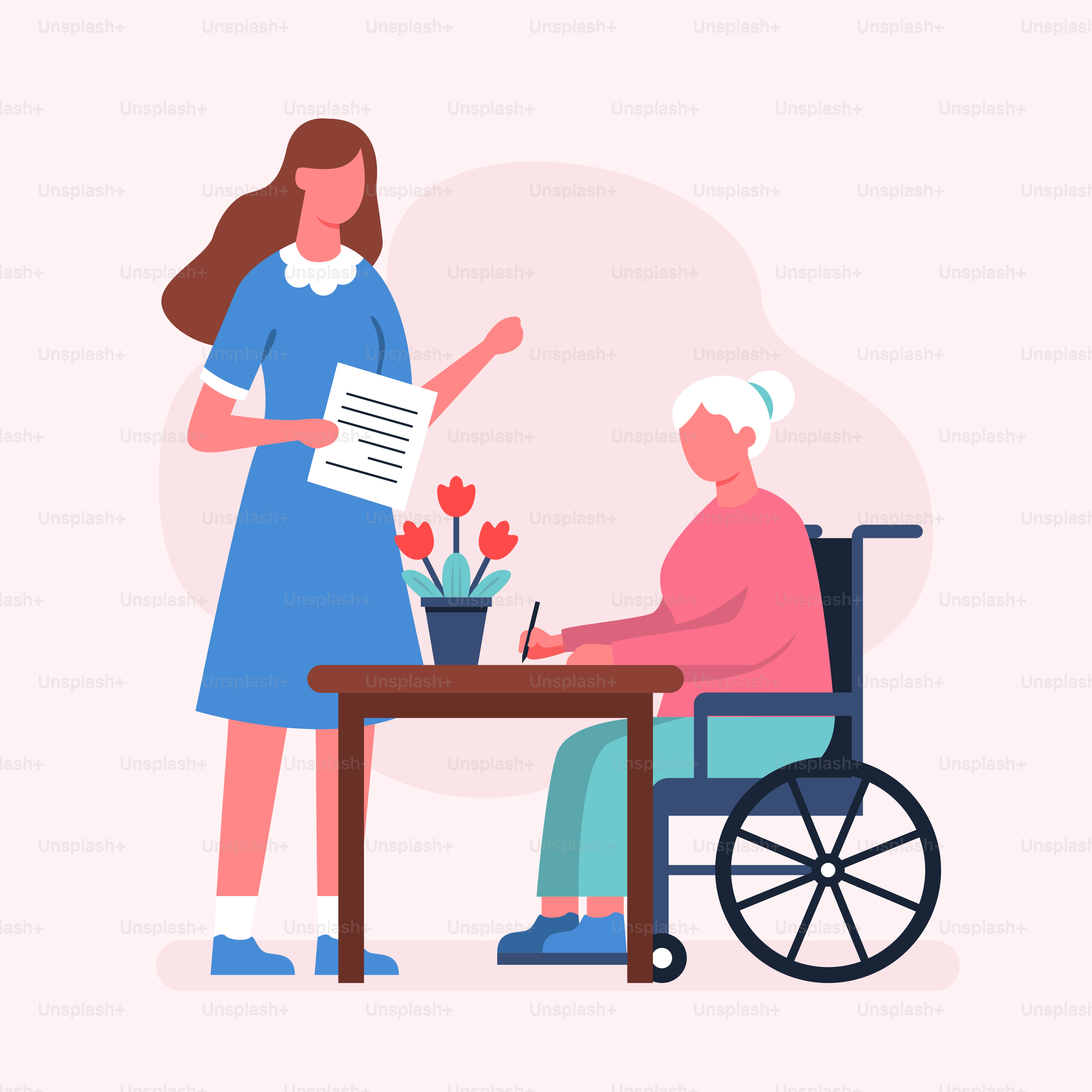 A woman in a wheel chair is giving flowers to a woman in a wheelchair