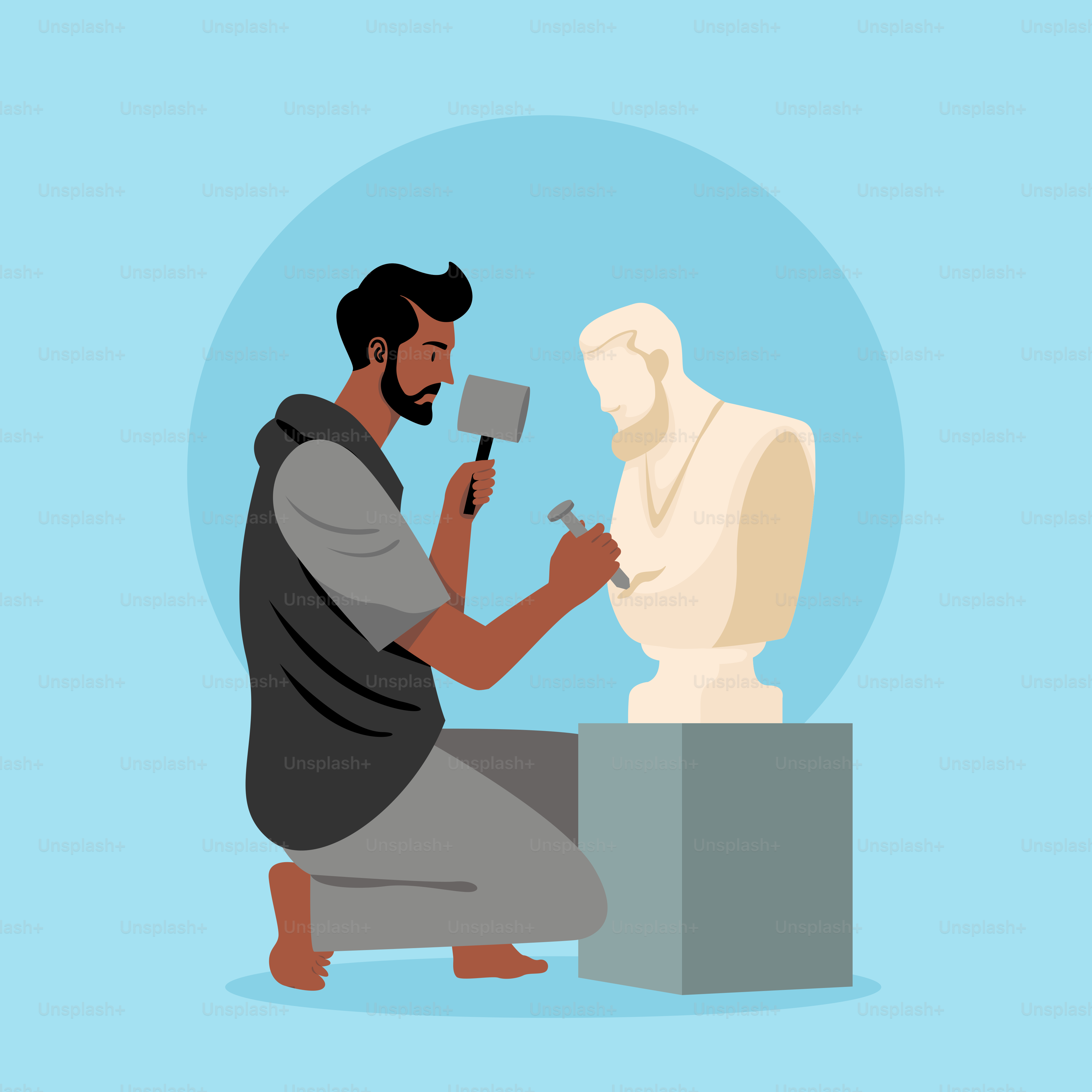 Un homme agenouillé à côté d’une statue