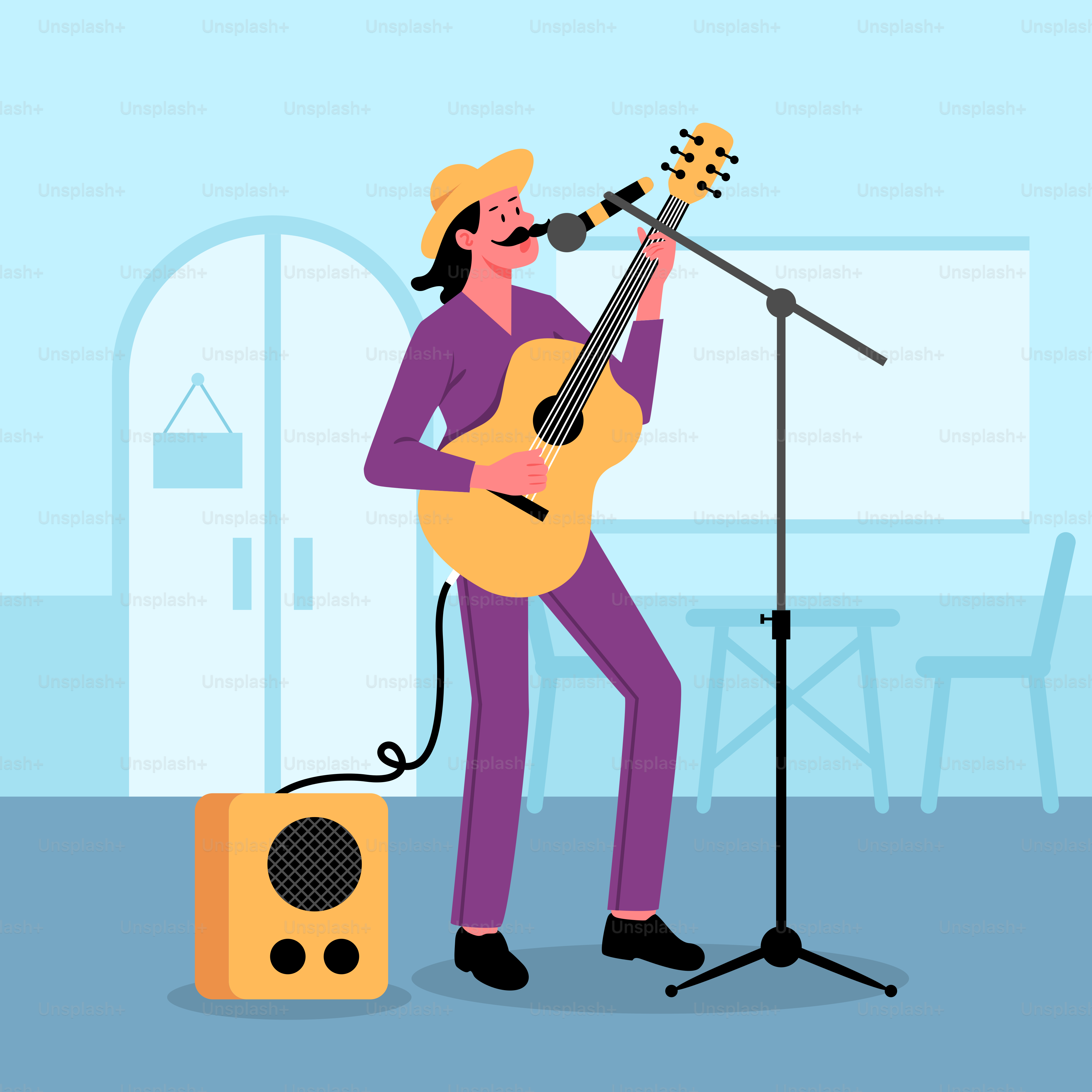 Ein Mann, der Gitarre spielt und in ein Mikrofon singt