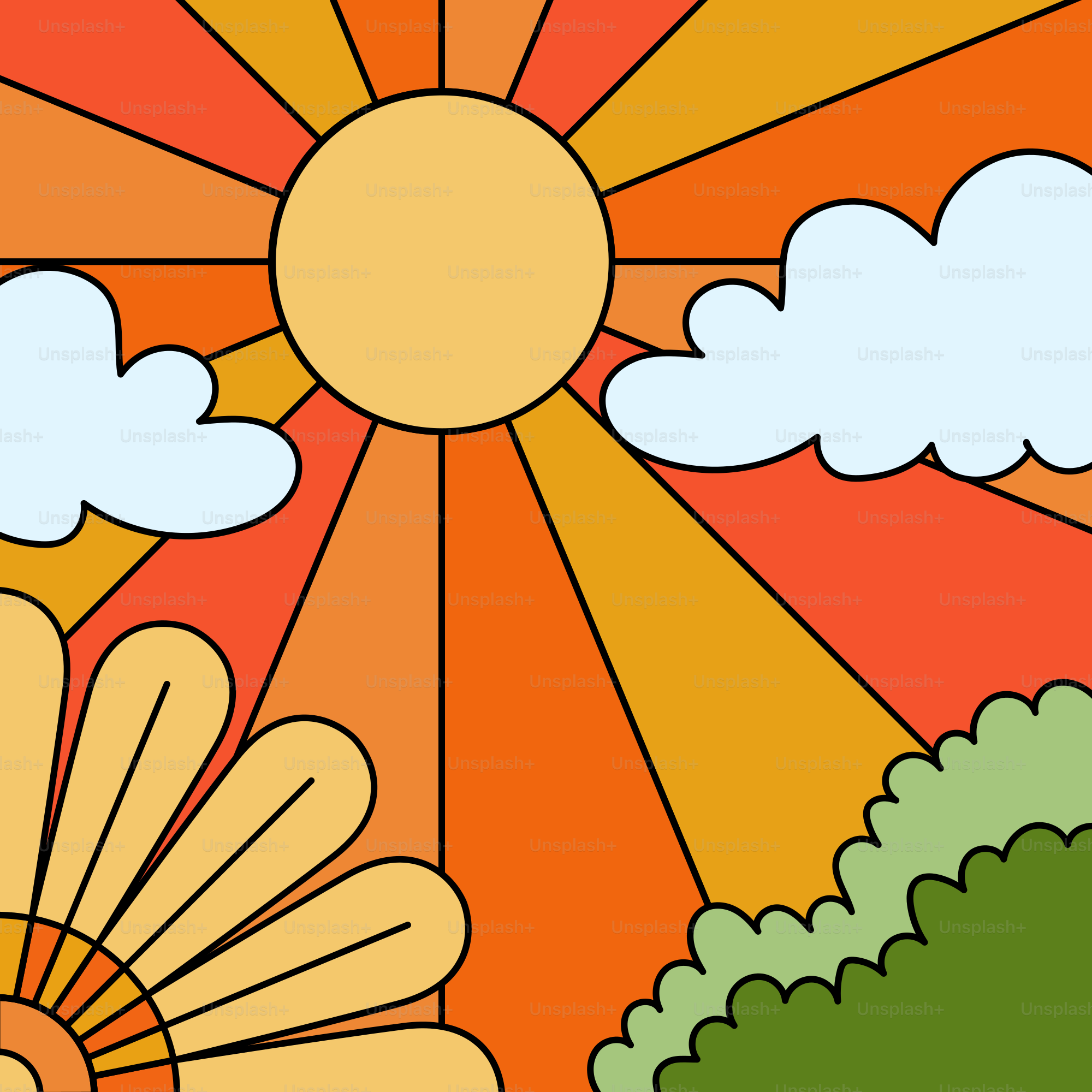 A painting of a sun with clouds and trees in the background