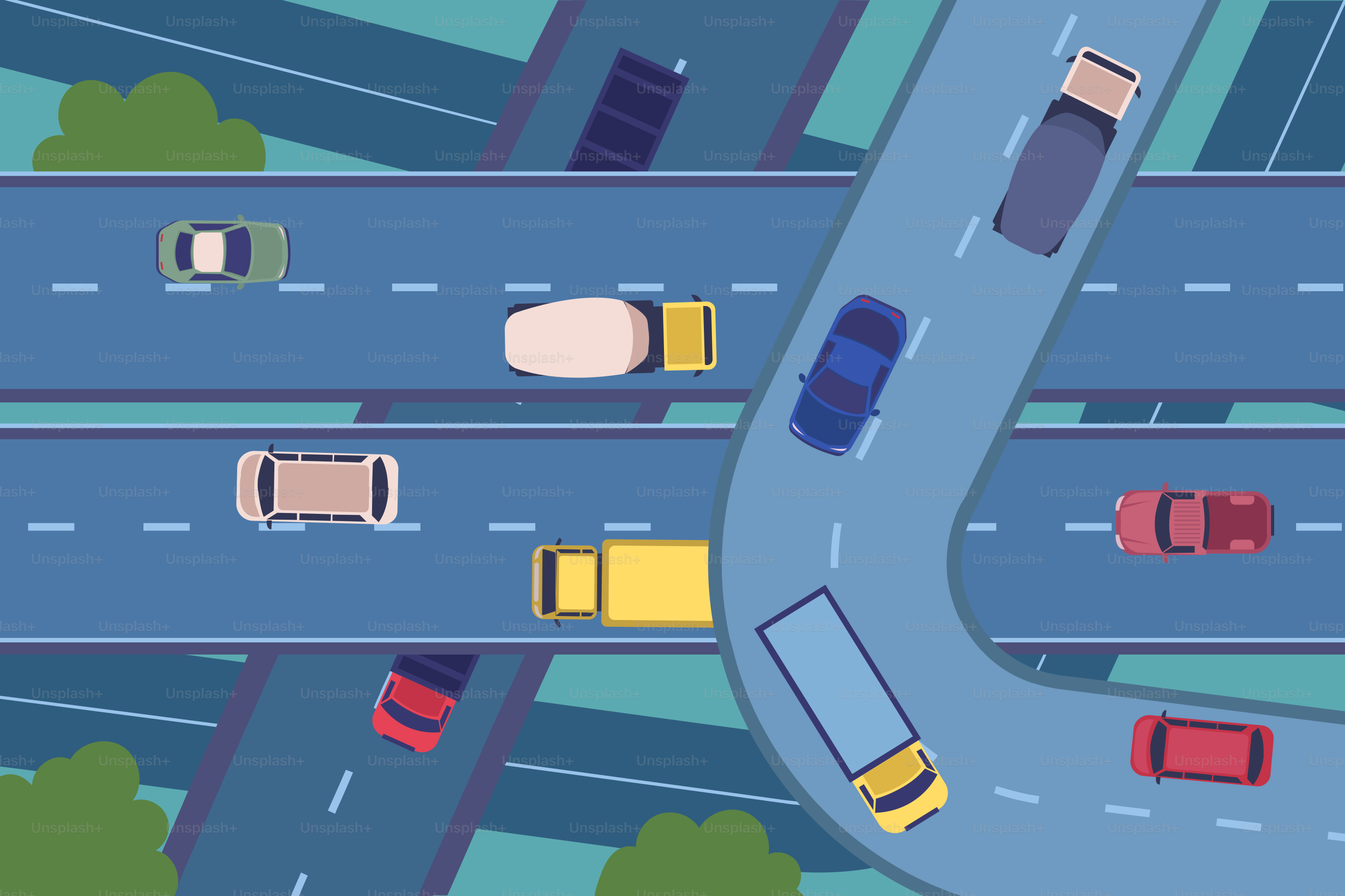 An overhead view of a road with cars on it