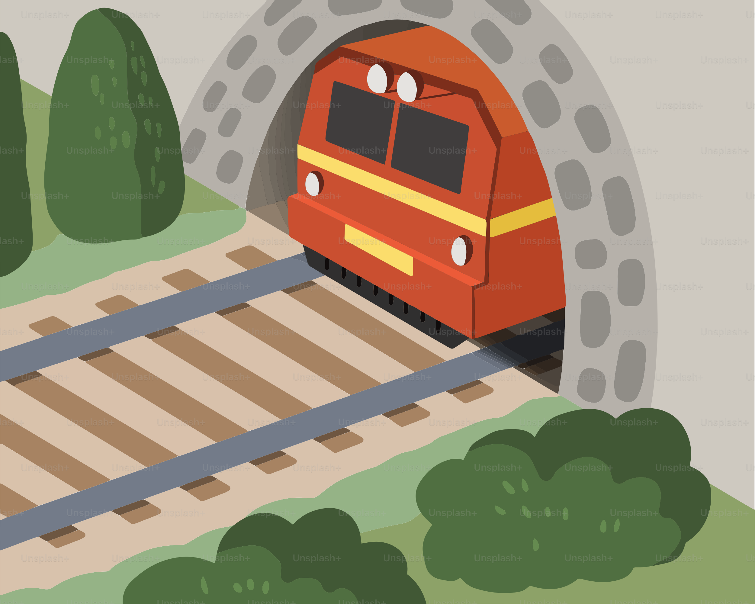 A red train coming out of a tunnel