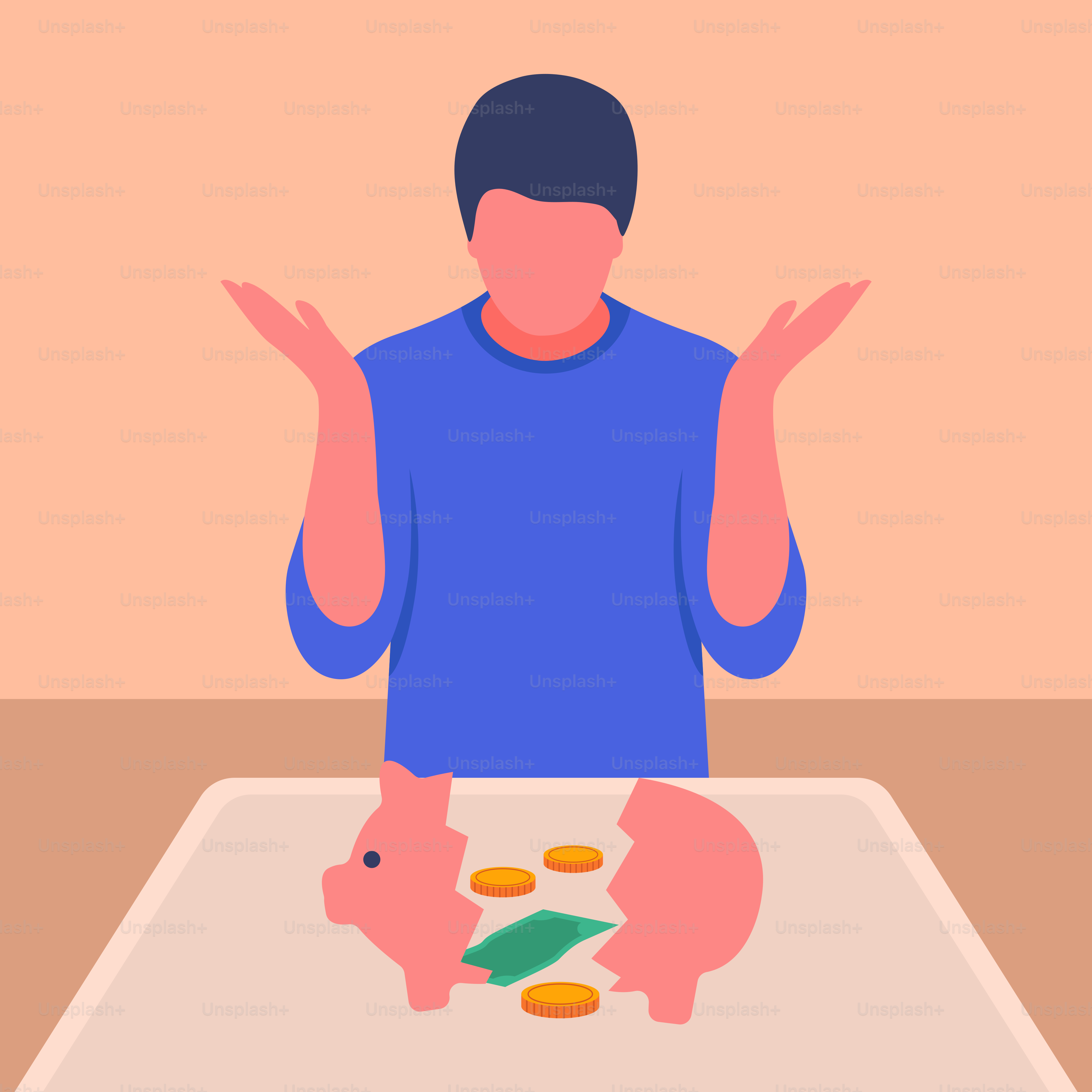 Um homem sentado em uma mesa com um cofrinho