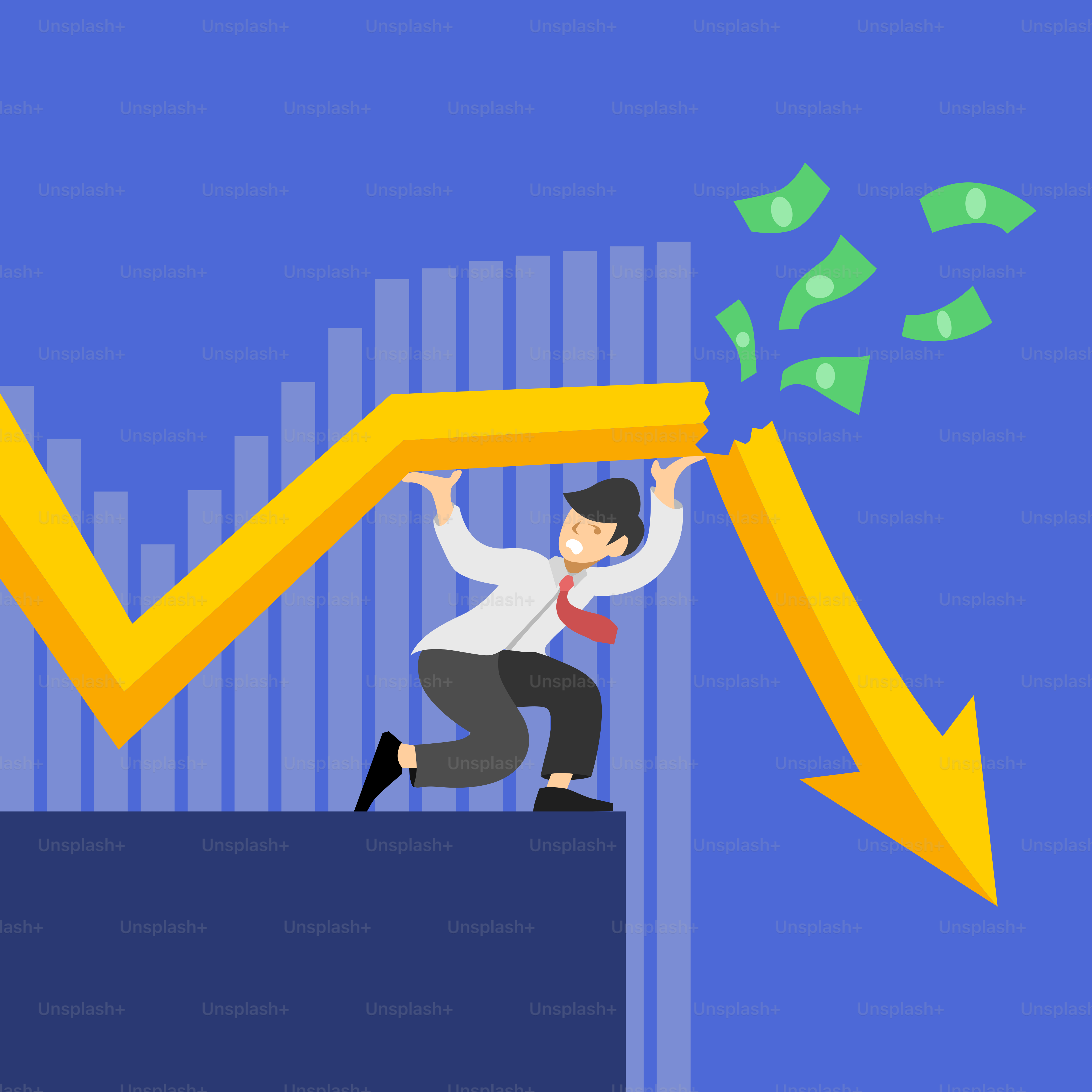 A man climbing up a chart with money coming out of it