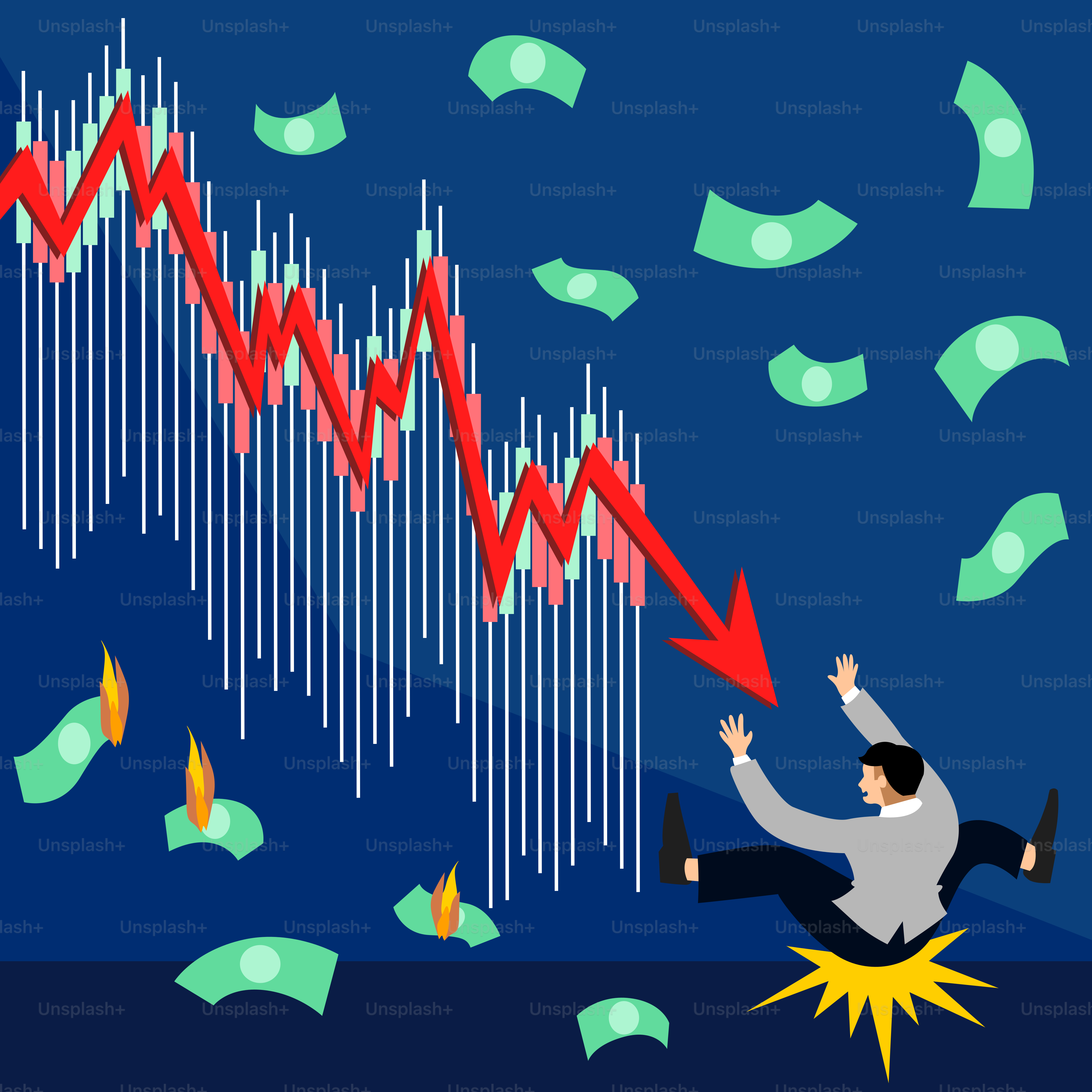 A man sitting on a pile of money in front of a falling chart
